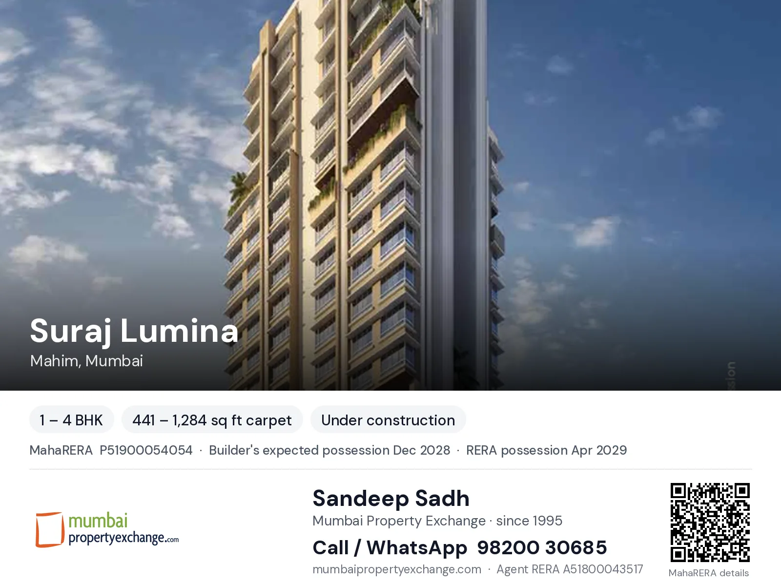 Suraj Lumina, Mahim, Mumbai — 1 – 4 BHK new project, builder's expected possession Dec 2028, RERA possession Apr 2029 | Mumbai Property Exchange, Sandeep Sadh 98200 30685