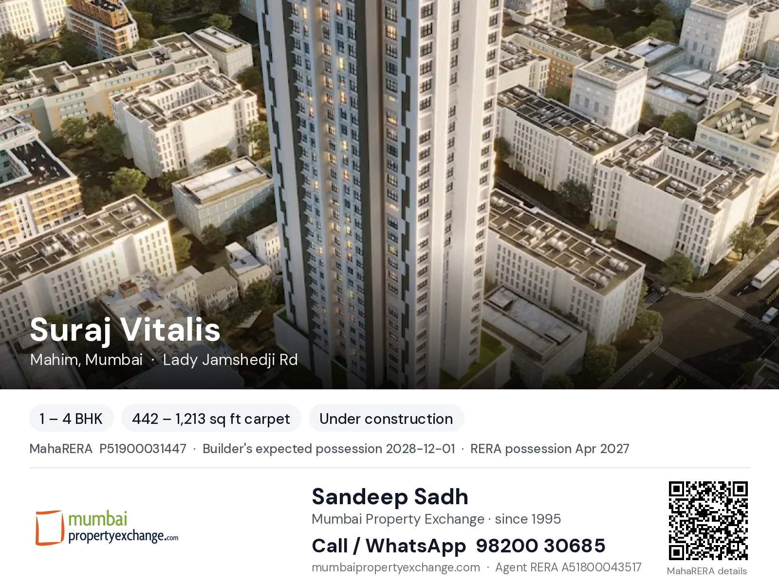 Suraj Vitalis, Mahim, Mumbai — 1 – 4 BHK new project, builder's expected possession 2028-12-01, RERA possession Apr 2027 | Mumbai Property Exchange, Sandeep Sadh 98200 30685