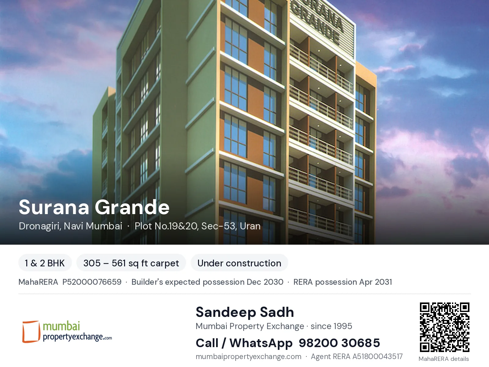 Surana Grande, Dronagiri, Navi Mumbai — 1 & 2 BHK new project, builder's expected possession Dec 2030, RERA possession Apr 2031 | Mumbai Property Exchange, Sandeep Sadh 98200 30685
