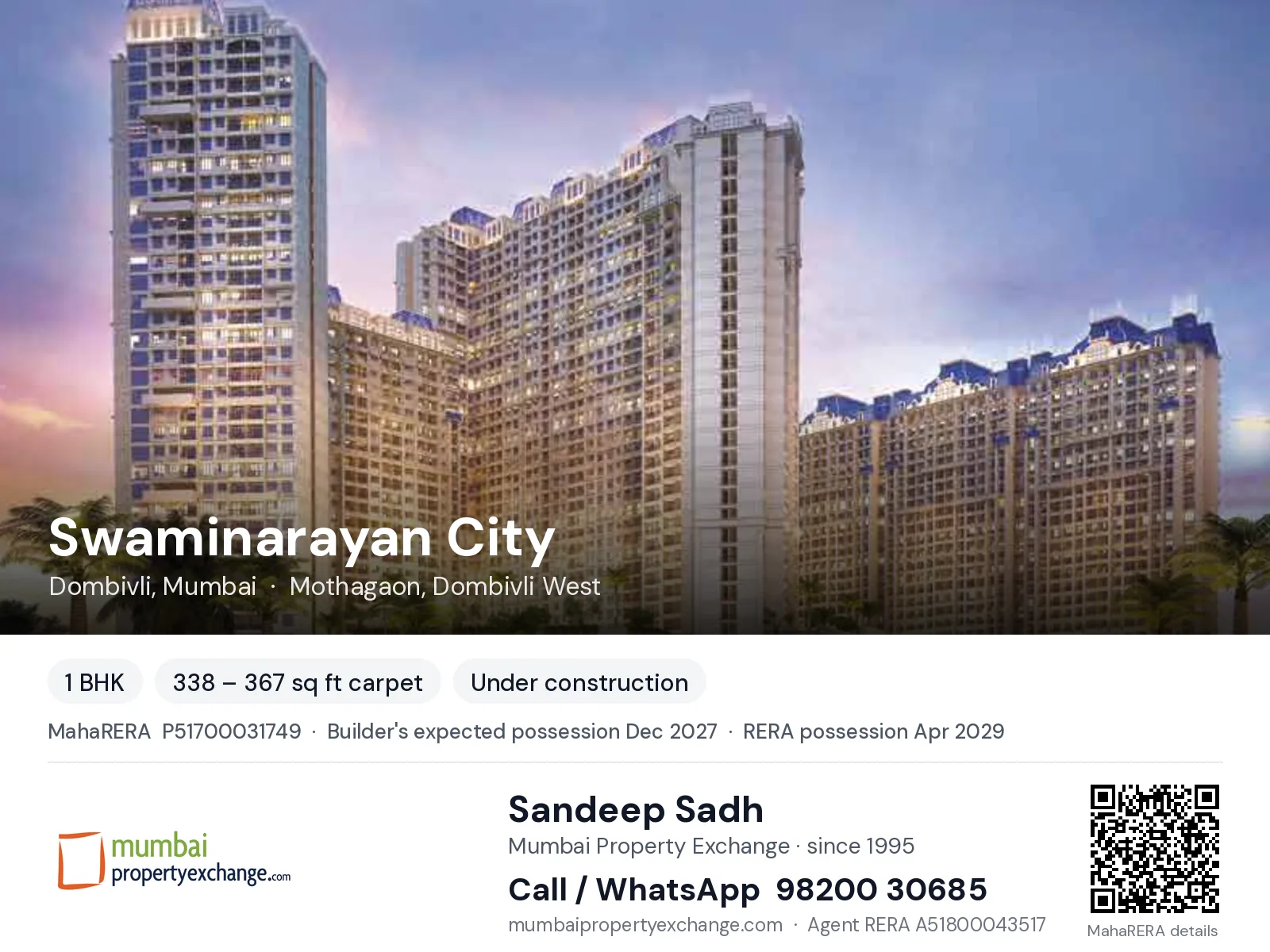 Swaminarayan City, Dombivli, Mumbai — 1 BHK new project, builder's expected possession Dec 2027, RERA possession Apr 2029 | Mumbai Property Exchange, Sandeep Sadh 98200 30685