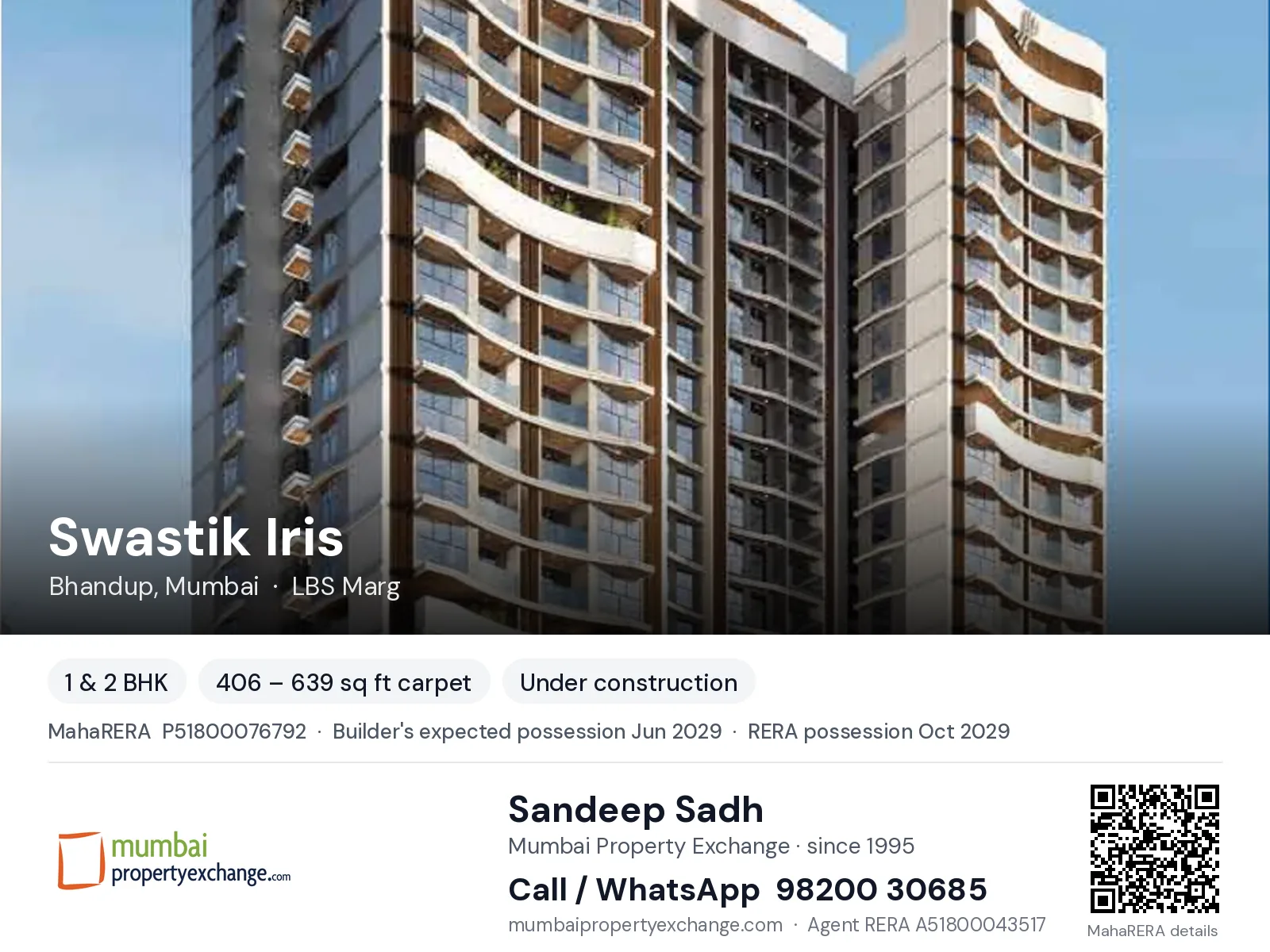 Swastik Iris, Bhandup, Mumbai — 1 & 2 BHK new project, builder's expected possession Jun 2029, RERA possession Oct 2029 | Mumbai Property Exchange, Sandeep Sadh 98200 30685