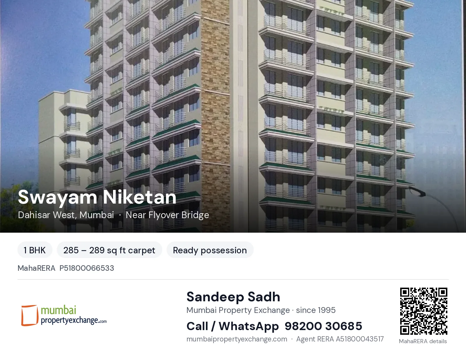 Swayam Niketan by Jainam, Dahisar West, Mumbai — 1 BHK ready-to-move project | Mumbai Property Exchange, Sandeep Sadh 98200 30685