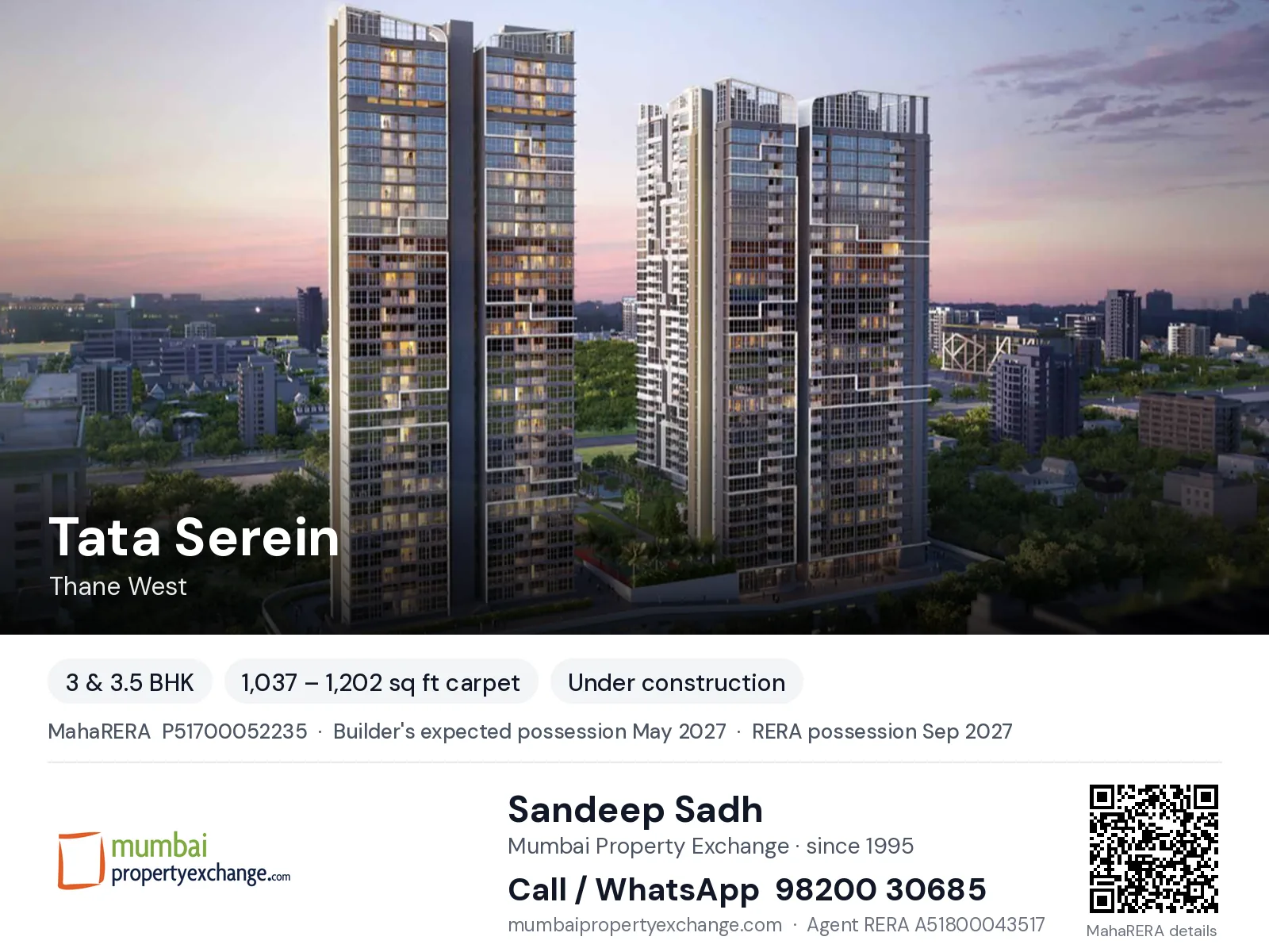 Tata Serein, Thane West — 3 & 3.5 BHK new project, builder's expected possession May 2027, RERA possession Sep 2027 | Mumbai Property Exchange, Sandeep Sadh 98200 30685