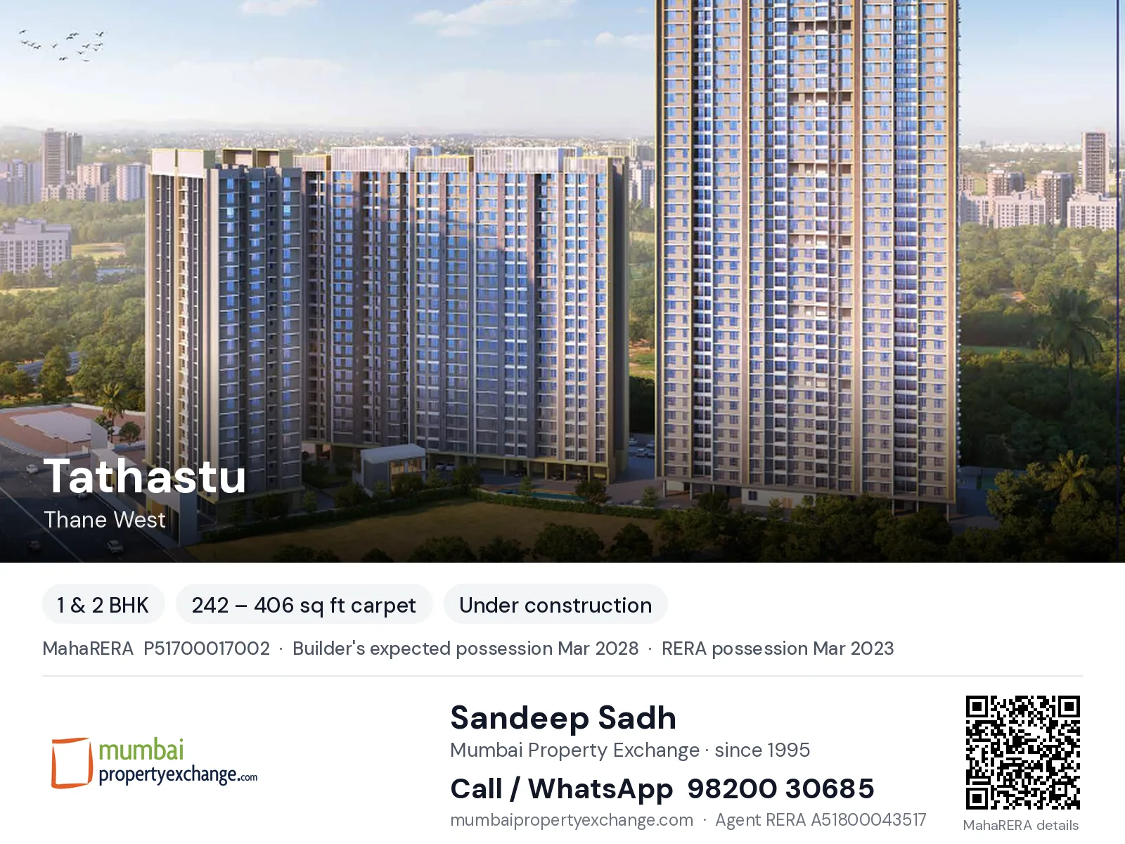 Tathastu by Squarefeet, Thane West — 1 & 2 BHK new project, builder's expected possession Mar 2028, RERA possession Mar 2023 | Mumbai Property Exchange, Sandeep Sadh 98200 30685