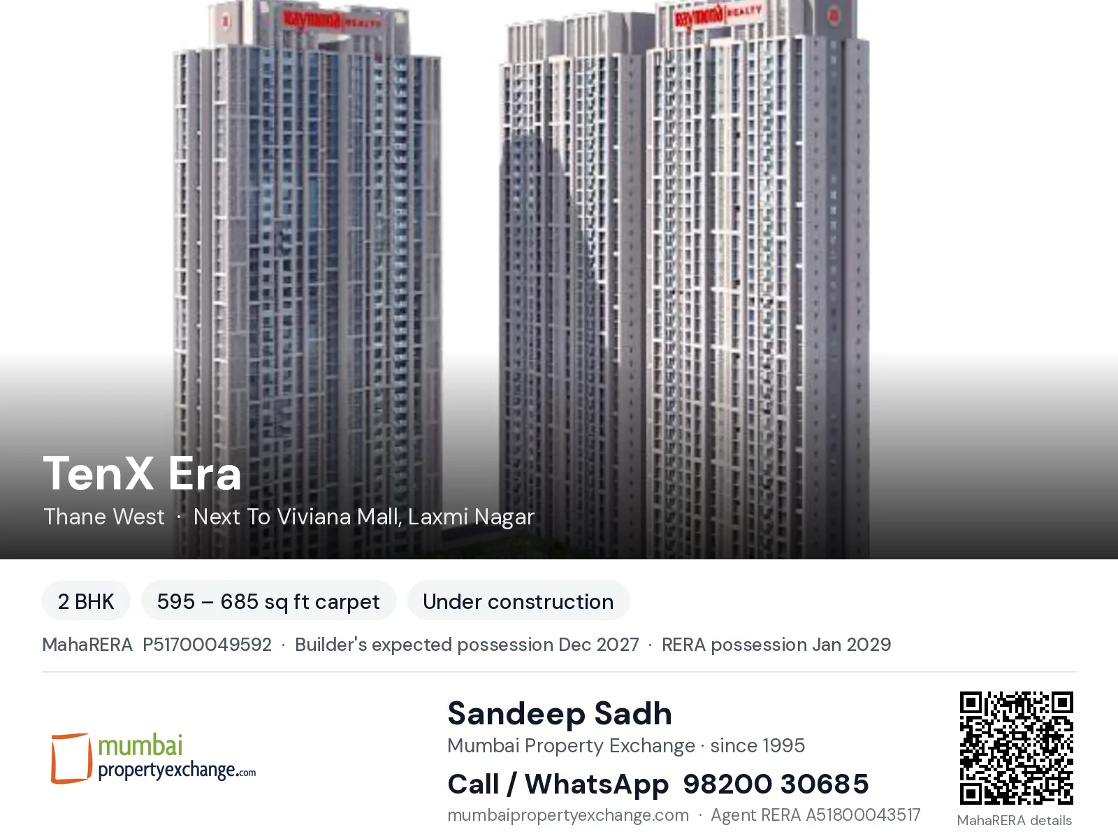TenX Era by Raymond, Thane West — 2 BHK new project, builder's expected possession Dec 2027, RERA possession Jan 2029 | Mumbai Property Exchange, Sandeep Sadh 98200 30685