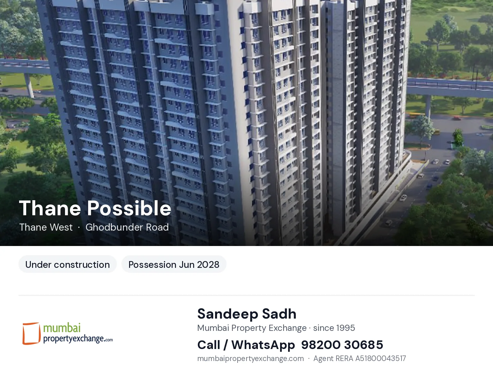 Thane Possible by Vihang, Thane West — new project, possession Jun 2028 | Mumbai Property Exchange, Sandeep Sadh 98200 30685