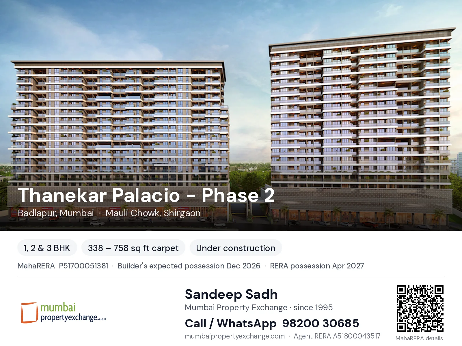 Thanekar Palacio - Phase 2, Badlapur, Mumbai — 1, 2 & 3 BHK new project, builder's expected possession Dec 2026, RERA possession Apr 2027 | Mumbai Property Exchange, Sandeep Sadh 98200 30685