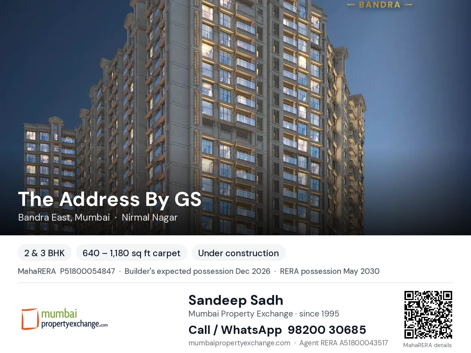 The Address By GS by Raymond, Bandra East, Mumbai — 2 & 3 BHK new project, builder's expected possession Dec 2026, RERA possession May 2030 | Mumbai Property Exchange, Sandeep Sadh 98200 30685