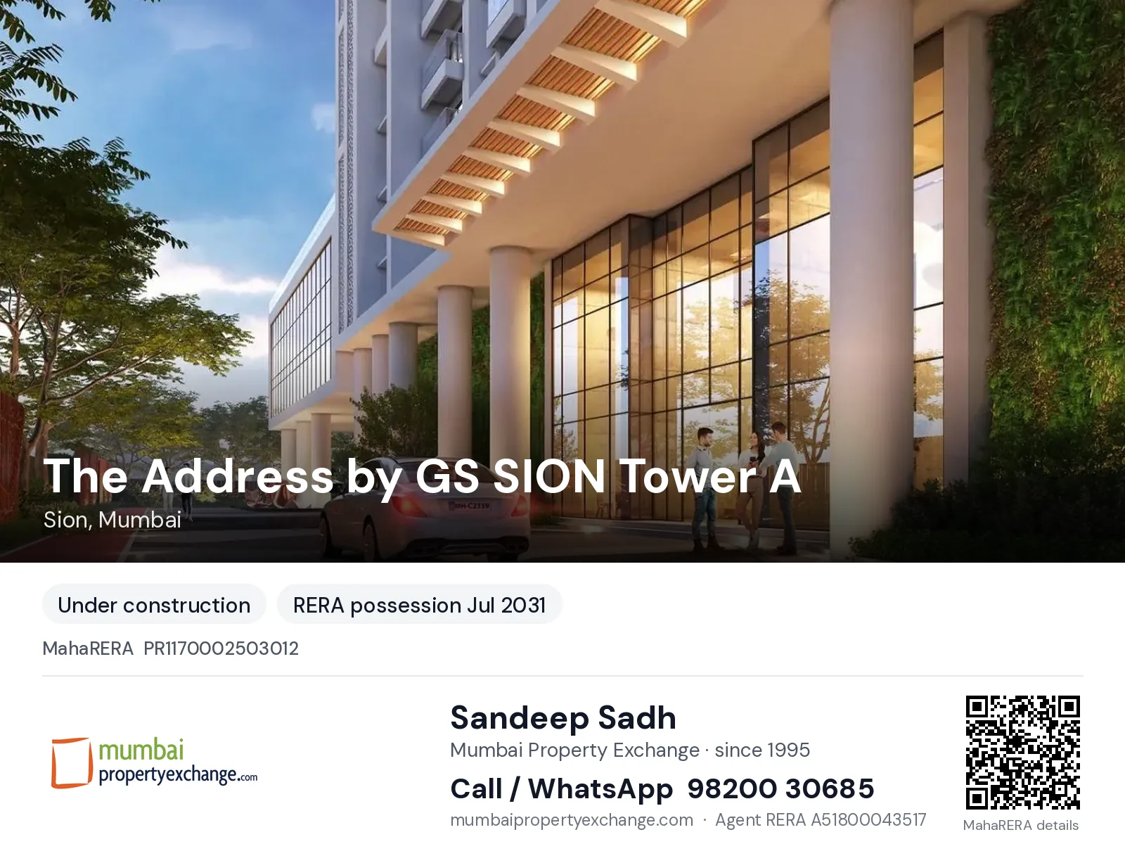 The Address by GS SION Tower A by Raymond, Sion, Mumbai — new project, RERA possession Jul 2031 | Mumbai Property Exchange, Sandeep Sadh 98200 30685
