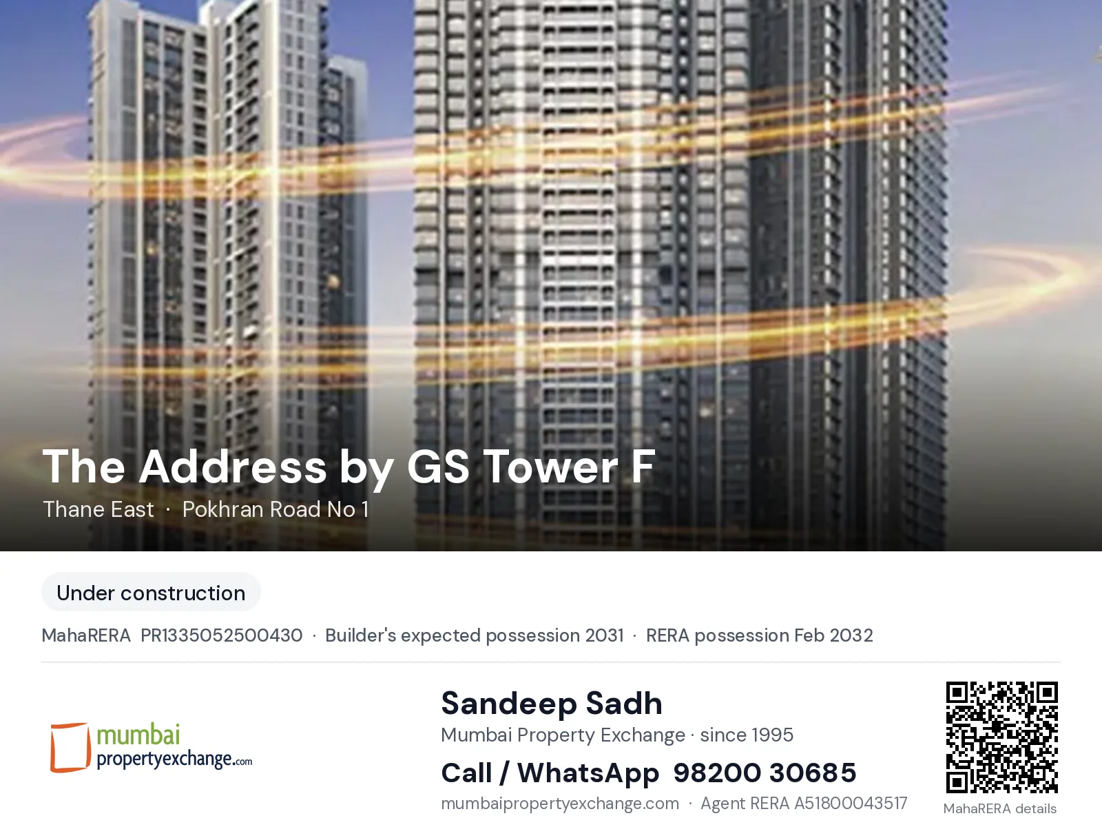 The Address by GS Tower F by Raymond, Thane East — new project, builder's expected possession 2031, RERA possession Feb 2032 | Mumbai Property Exchange, Sandeep Sadh 98200 30685