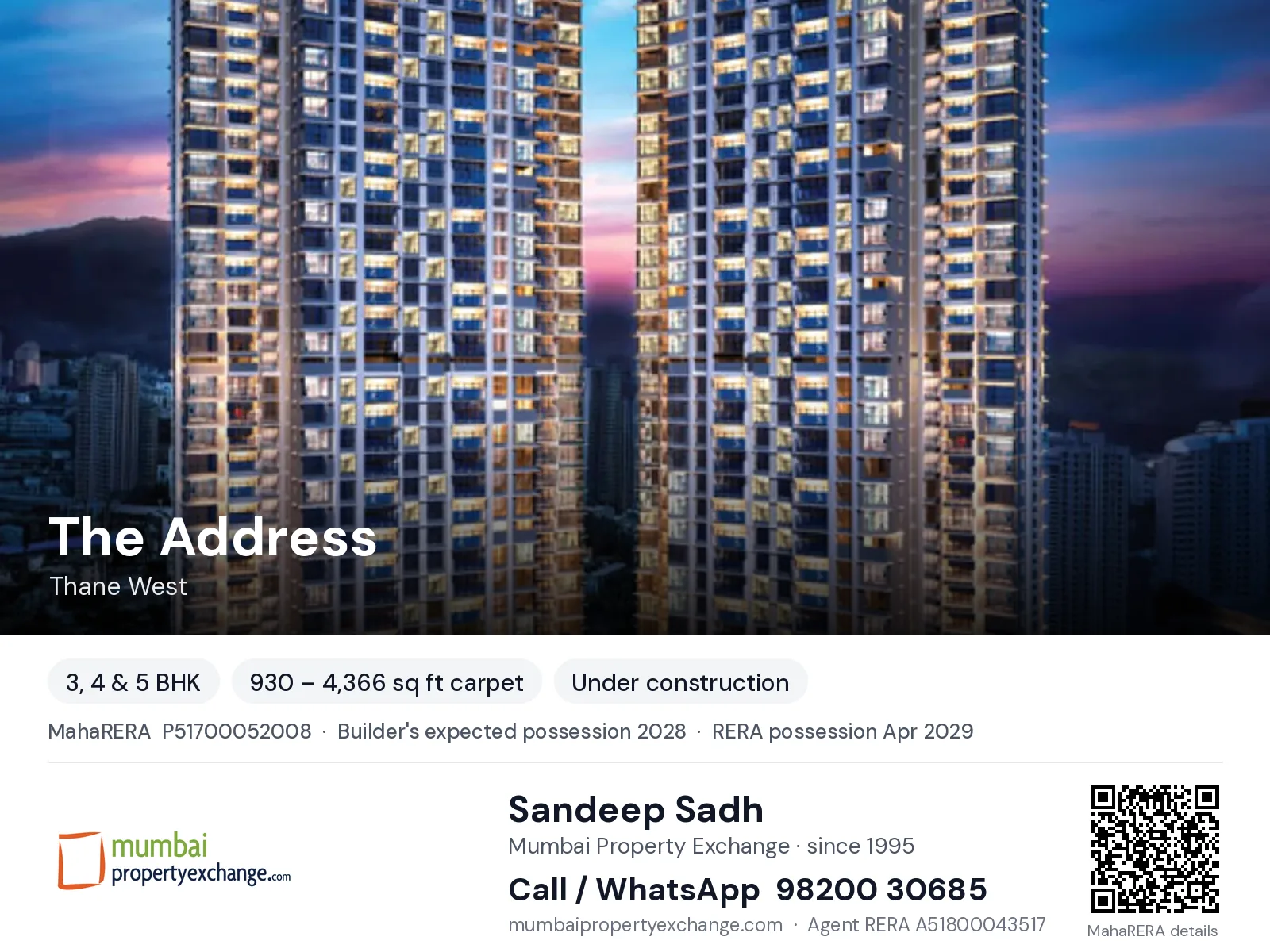 The Address by Raymond, Thane West — 3, 4 & 5 BHK new project, builder's expected possession 2028, RERA possession Apr 2029 | Mumbai Property Exchange, Sandeep Sadh 98200 30685