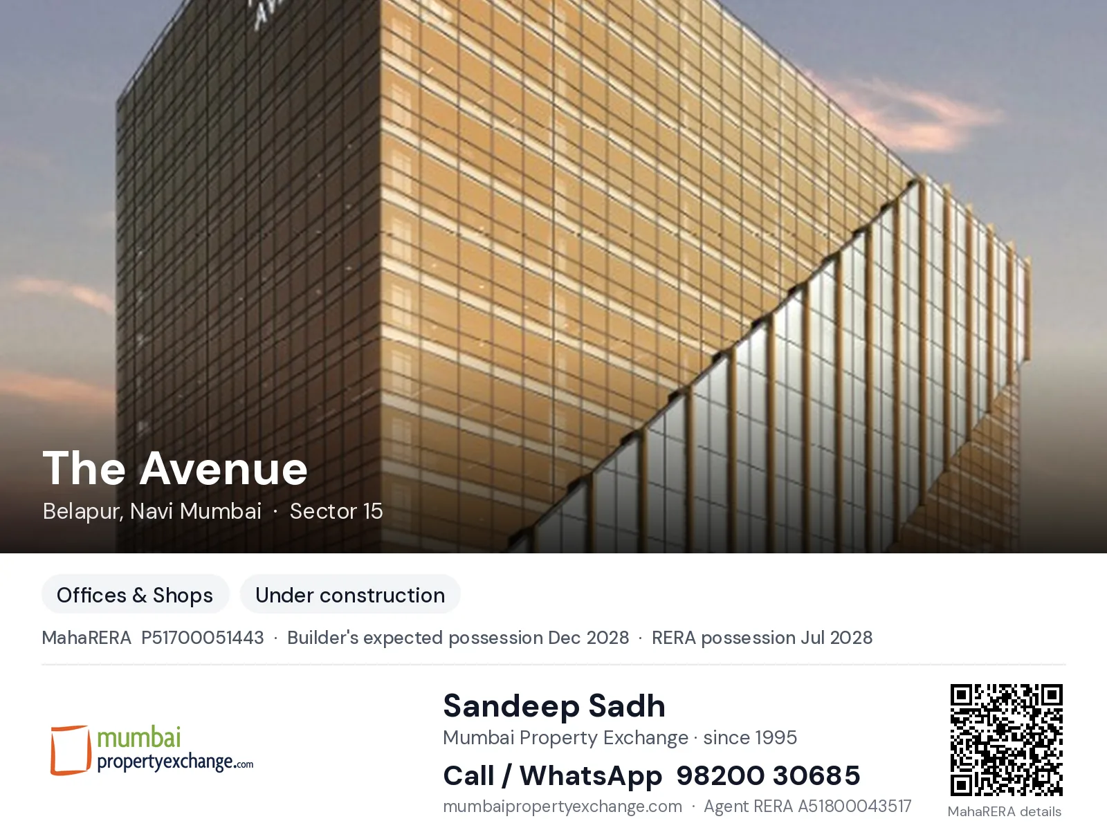 The Avenue by Sai, Belapur, Navi Mumbai — new project, builder's expected possession Dec 2028, RERA possession Jul 2028 | Mumbai Property Exchange, Sandeep Sadh 98200 30685