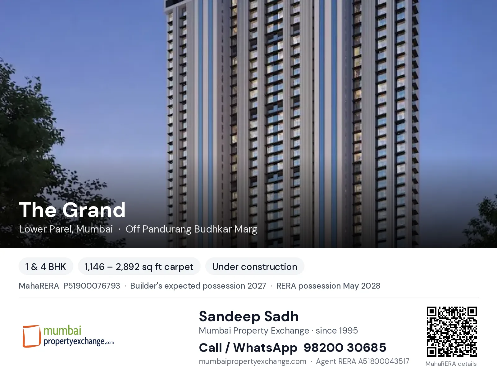 The Grand by Bhojwani, Lower Parel, Mumbai — 1 & 4 BHK new project, builder's expected possession 2027, RERA possession May 2028 | Mumbai Property Exchange, Sandeep Sadh 98200 30685