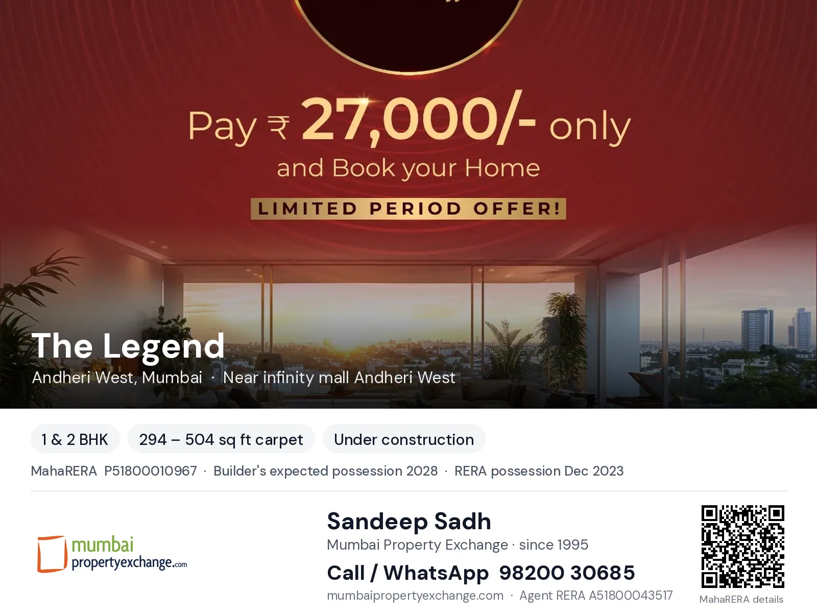 The Legend by Ravi, Andheri West, Mumbai — 1 & 2 BHK new project, builder's expected possession 2028, RERA possession Dec 2023 | Mumbai Property Exchange, Sandeep Sadh 98200 30685