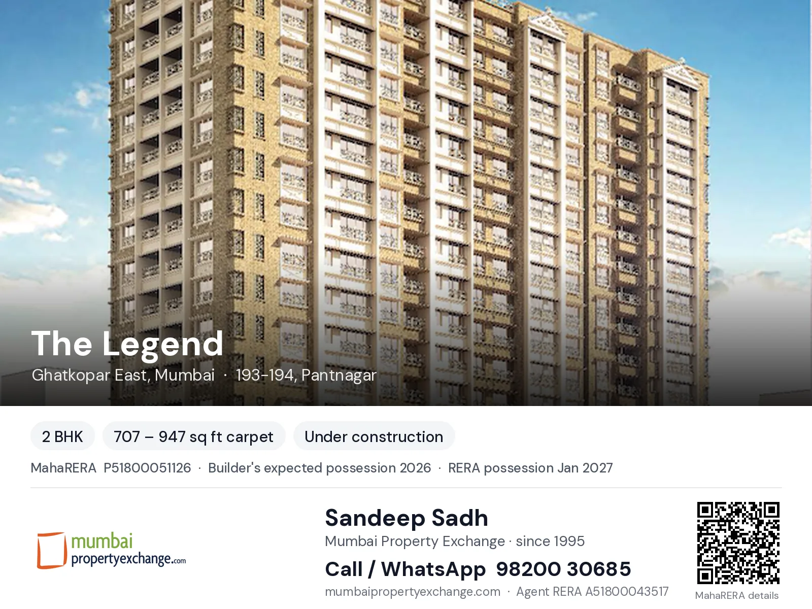 The Legend by EMFCL, Ghatkopar East, Mumbai — 2 BHK new project, builder's expected possession 2026, RERA possession Jan 2027 | Mumbai Property Exchange, Sandeep Sadh 98200 30685