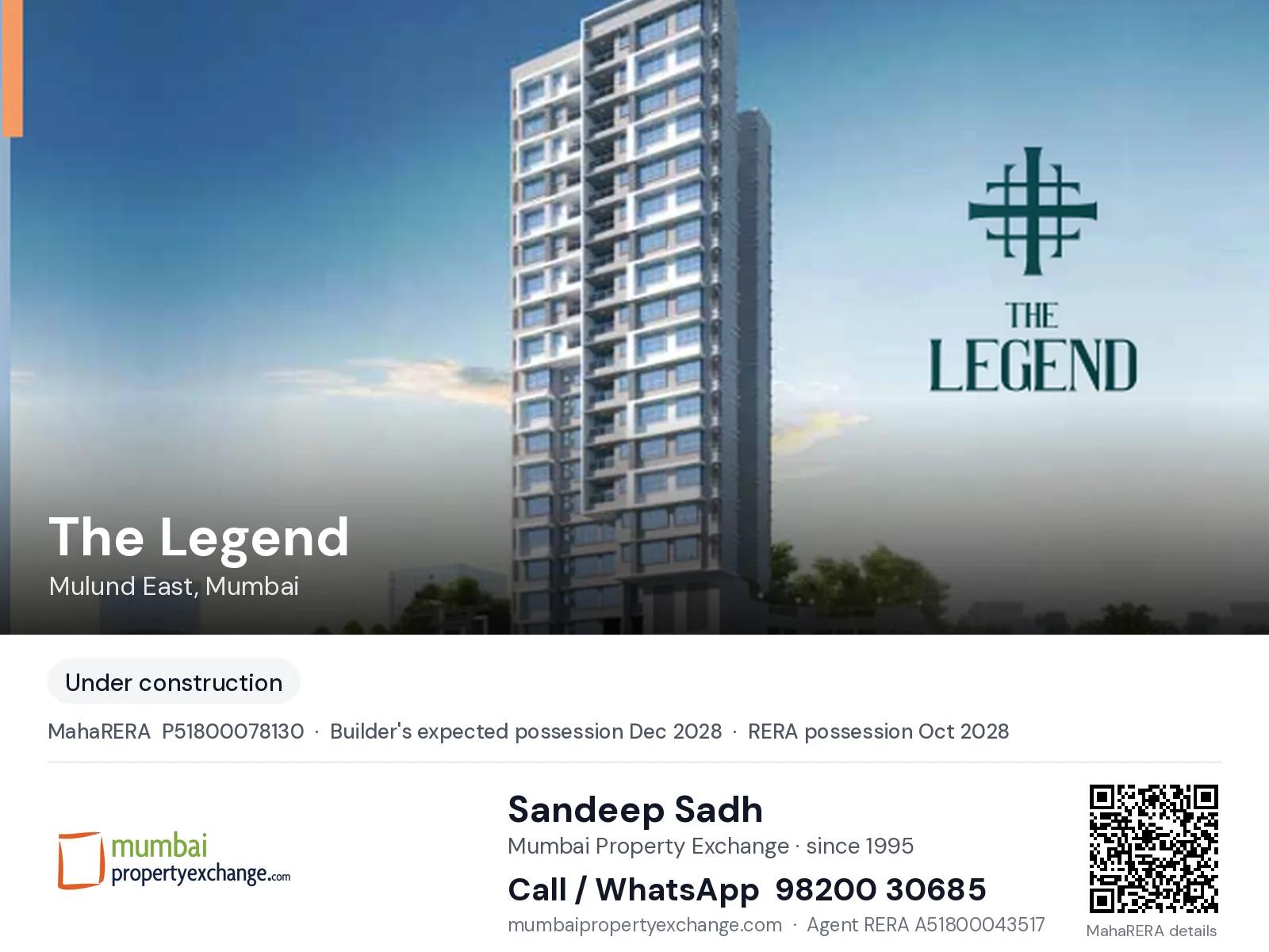 The Legend by Ashapura, Mulund East, Mumbai — new project, builder's expected possession Dec 2028, RERA possession Oct 2028 | Mumbai Property Exchange, Sandeep Sadh 98200 30685