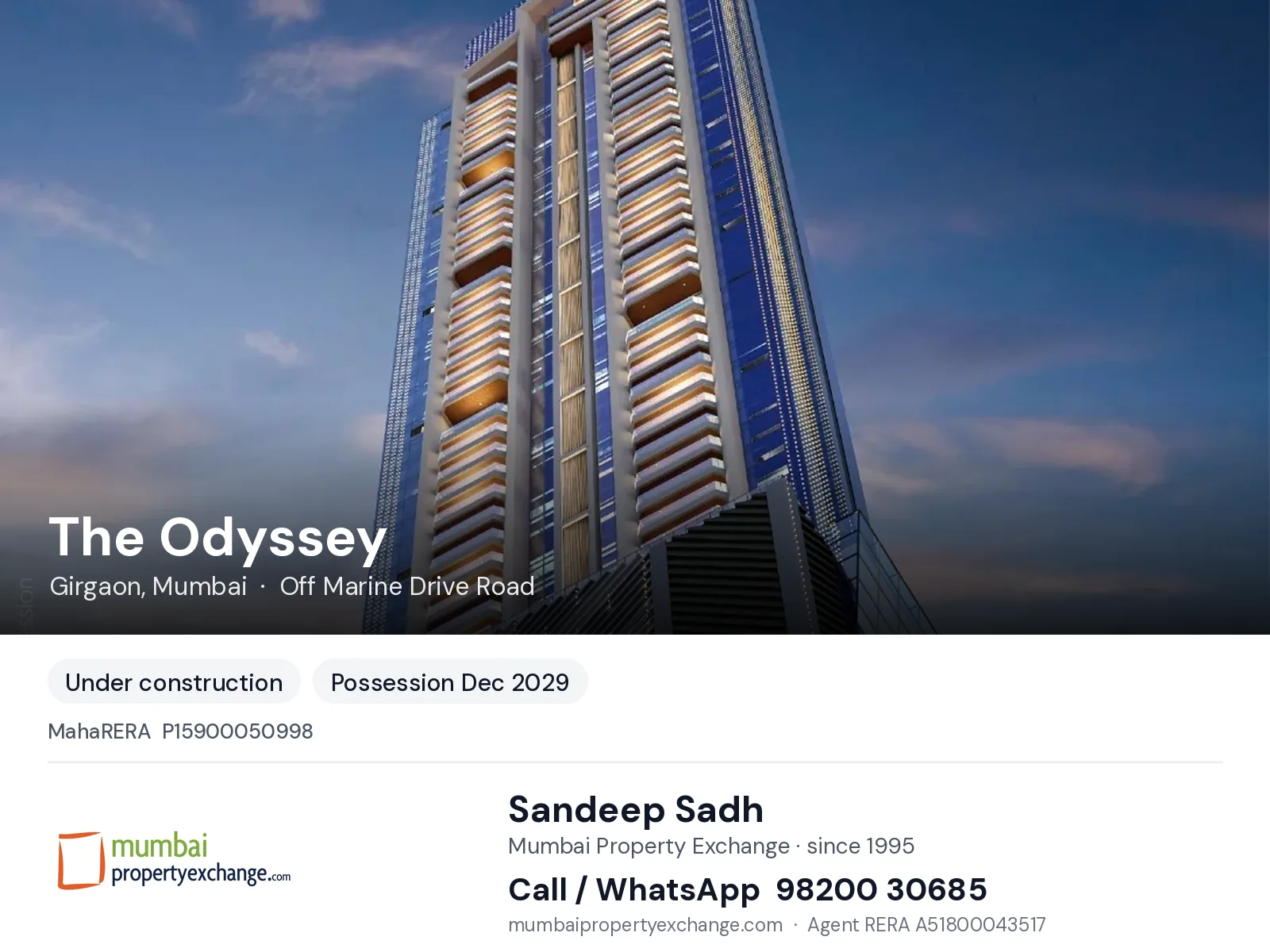 The Odyssey by Shapoorji Pallonji, Girgaon, Mumbai — new project, possession Dec 2029 | Mumbai Property Exchange, Sandeep Sadh 98200 30685