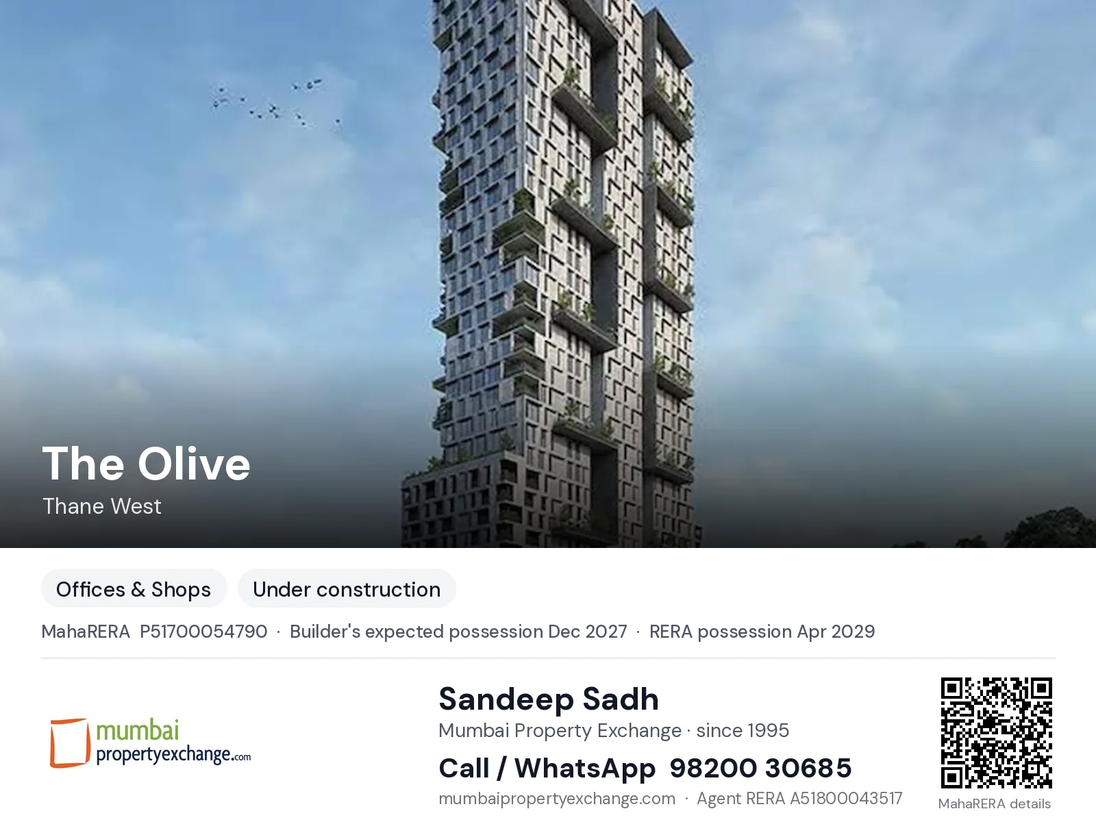 The Olive by Ekatva, Thane West — new project, builder's expected possession Dec 2027, RERA possession Apr 2029 | Mumbai Property Exchange, Sandeep Sadh 98200 30685