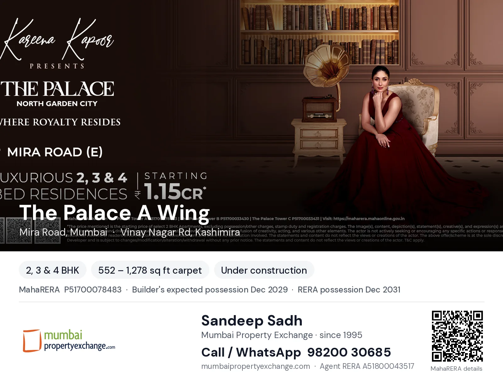 The Palace A Wing by JP Mumbai, Mira Road, Mumbai — 2, 3 & 4 BHK new project, builder's expected possession Dec 2029, RERA possession Dec 2031 | Mumbai Property Exchange, Sandeep Sadh 98200 30685