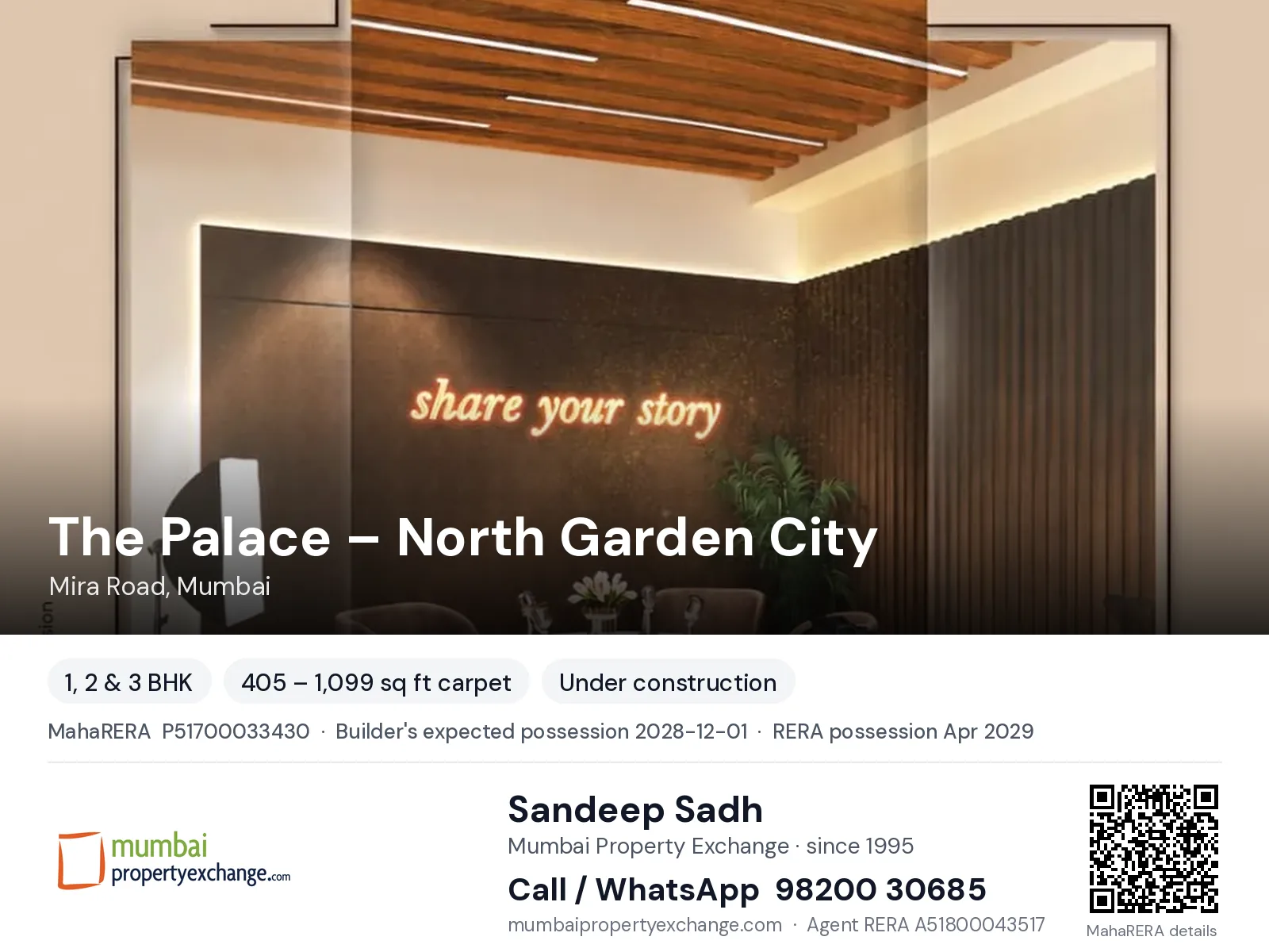 The Palace – North Garden City by JP Mumbai, Mira Road, Mumbai — 1, 2 & 3 BHK new project, builder's expected possession 2028-12-01, RERA possession Apr 2029 | Mumbai Property Exchange, Sandeep Sadh 98200 30685