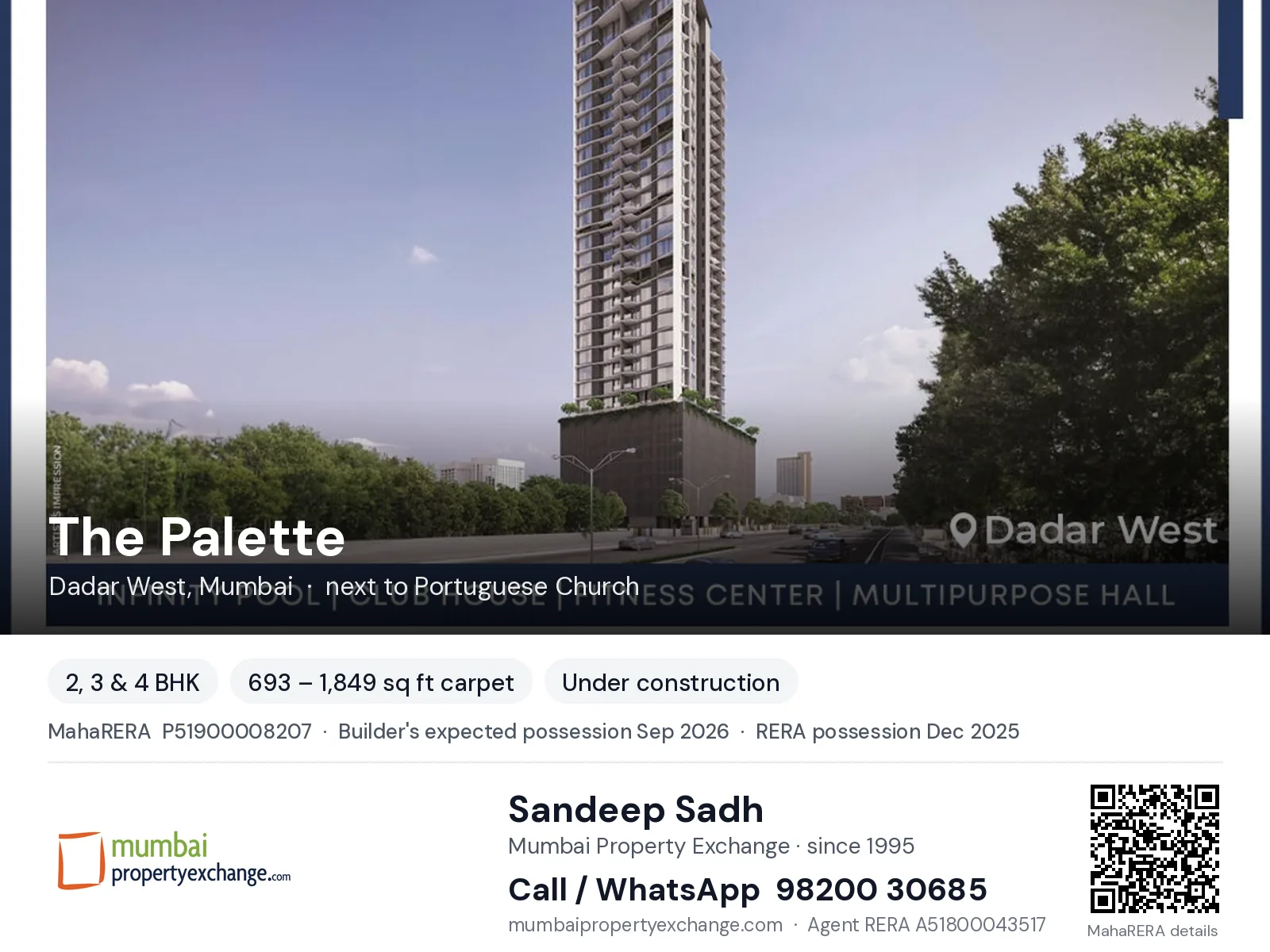 The Palette by Suraj, Dadar West, Mumbai — 2, 3 & 4 BHK new project, builder's expected possession Sep 2026, RERA possession Dec 2025 | Mumbai Property Exchange, Sandeep Sadh 98200 30685