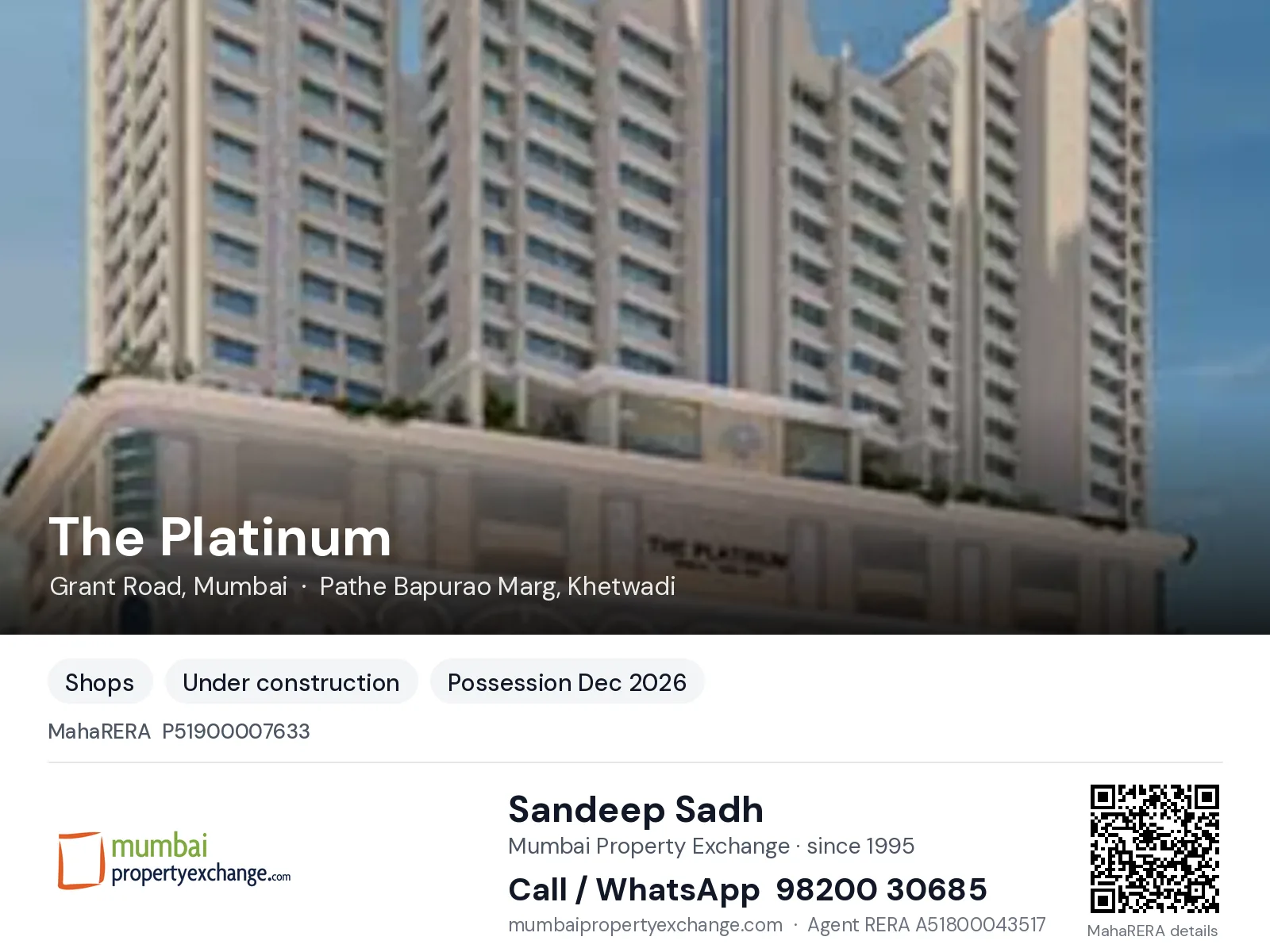 The Platinum, Grant Road, Mumbai — new project, possession Dec 2026 | Mumbai Property Exchange, Sandeep Sadh 98200 30685