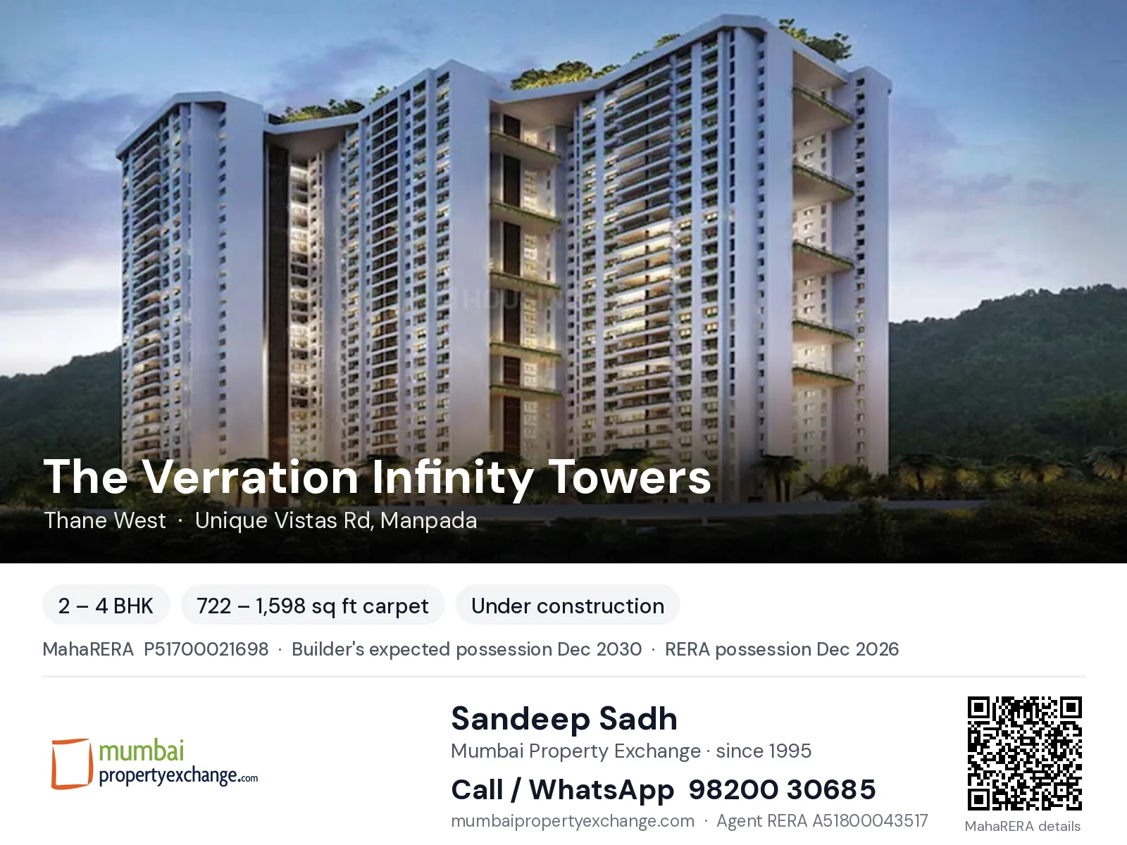 The Verration Infinity Towers by T Bhimjyani, Thane West — 2 – 4 BHK new project, builder's expected possession Dec 2030, RERA possession Dec 2026 | Mumbai Property Exchange, Sandeep Sadh 98200 30685