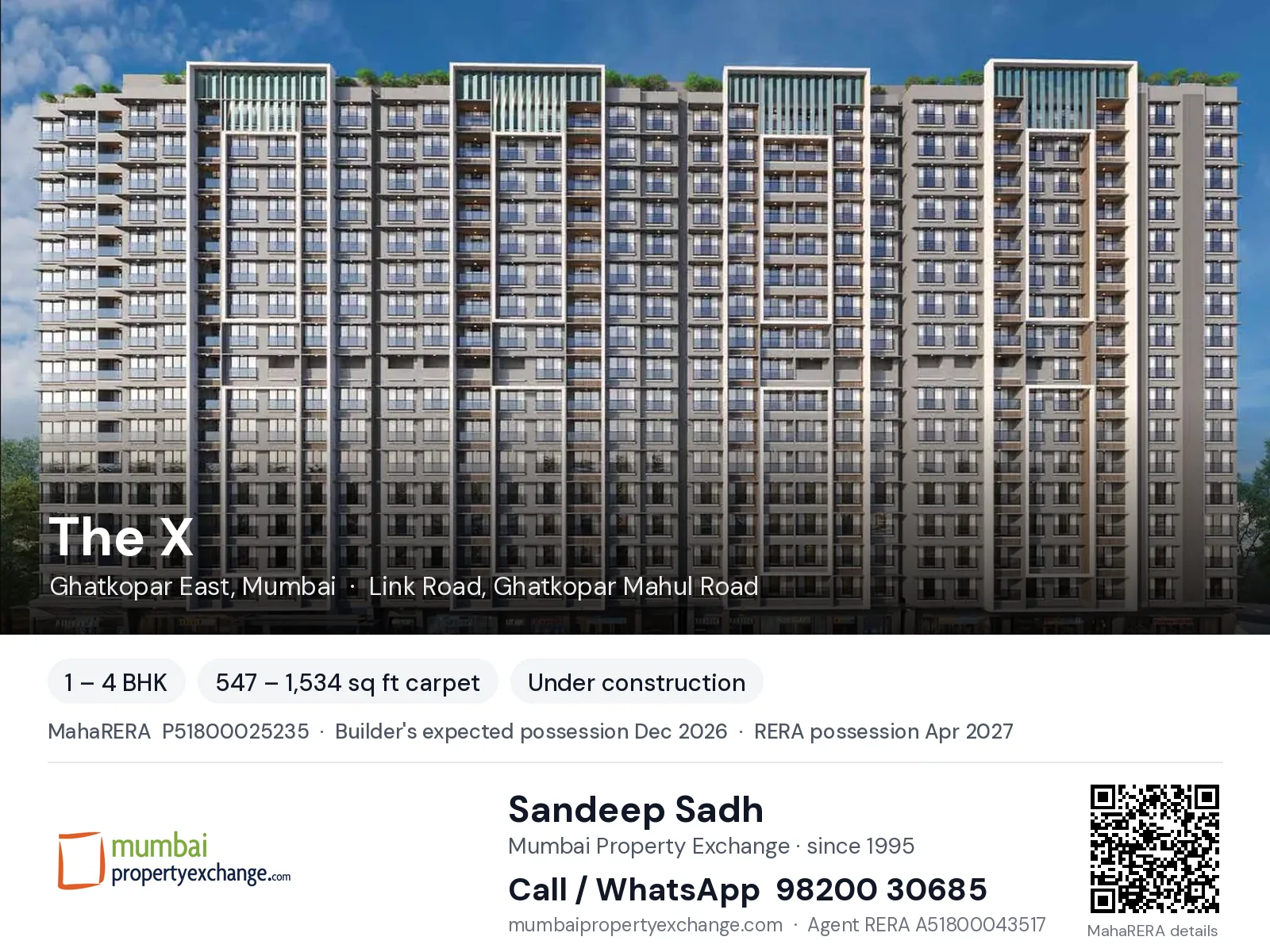 The X by Arihant, Ghatkopar East, Mumbai — 1 – 4 BHK new project, builder's expected possession Dec 2026, RERA possession Apr 2027 | Mumbai Property Exchange, Sandeep Sadh 98200 30685