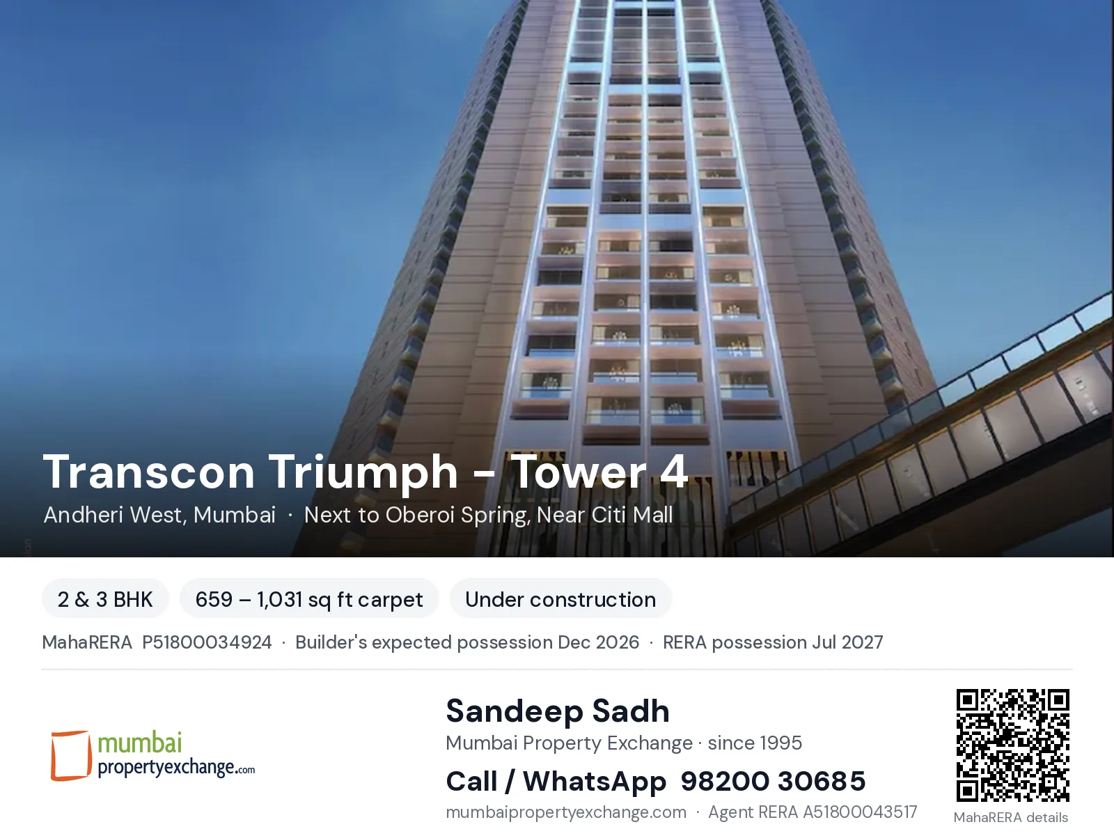 Transcon Triumph - Tower 4, Andheri West, Mumbai — 2 & 3 BHK new project, builder's expected possession Dec 2026, RERA possession Jul 2027 | Mumbai Property Exchange, Sandeep Sadh 98200 30685