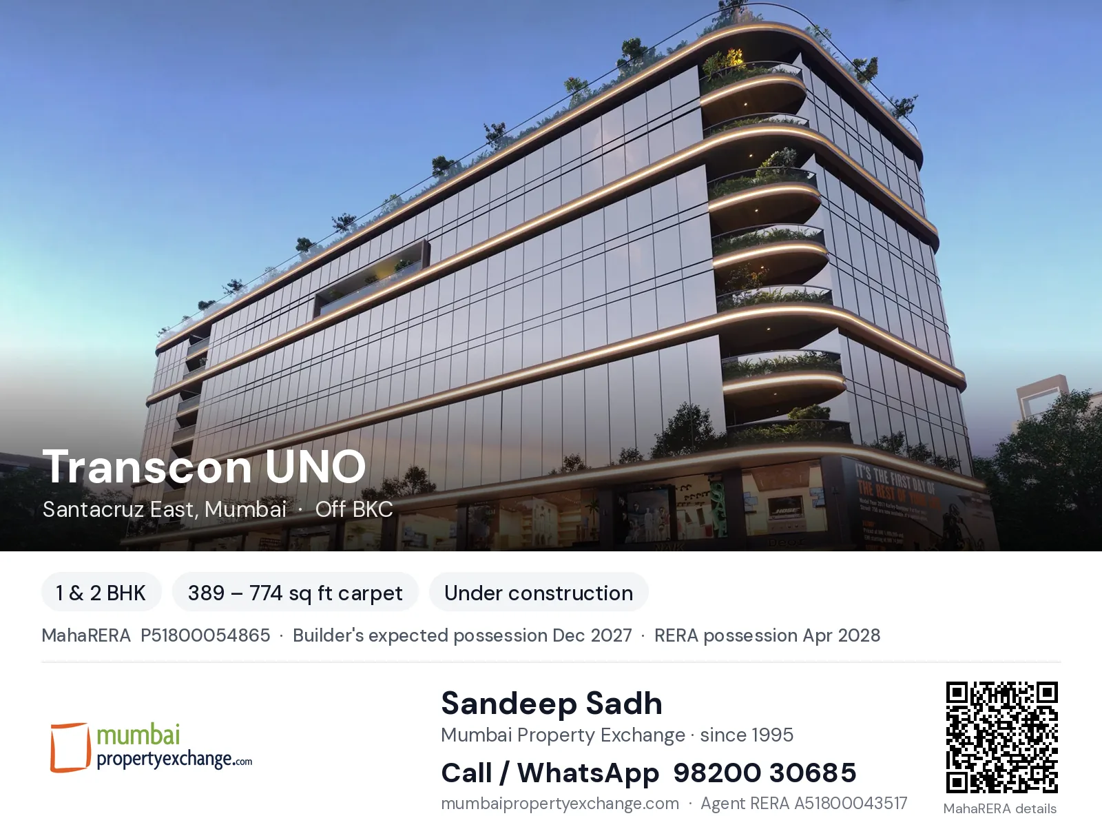 Transcon UNO, Santacruz East, Mumbai — 1 & 2 BHK new project, builder's expected possession Dec 2027, RERA possession Apr 2028 | Mumbai Property Exchange, Sandeep Sadh 98200 30685
