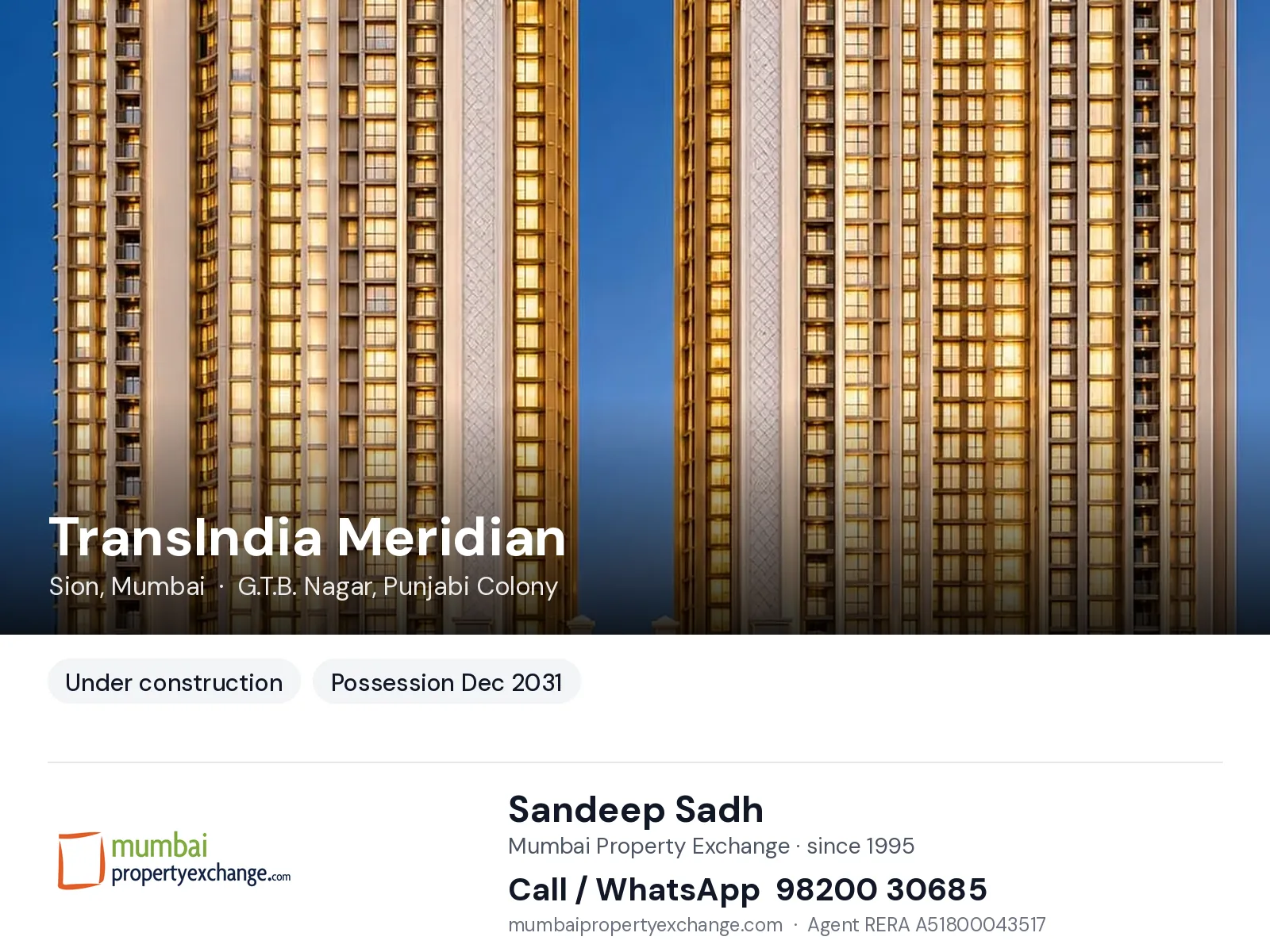 TransIndia Meridian, Sion, Mumbai — new project, possession Dec 2031 | Mumbai Property Exchange, Sandeep Sadh 98200 30685