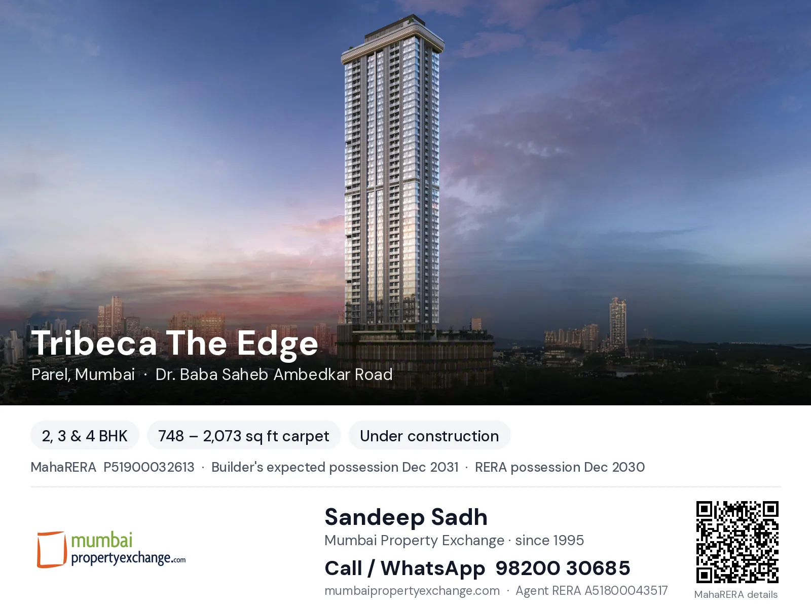 Tribeca The Edge, Parel, Mumbai — 2, 3 & 4 BHK new project, builder's expected possession Dec 2031, RERA possession Dec 2030 | Mumbai Property Exchange, Sandeep Sadh 98200 30685