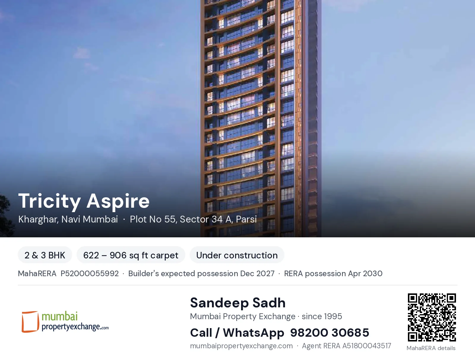 Tricity Aspire, Kharghar, Navi Mumbai — 2 & 3 BHK new project, builder's expected possession Dec 2027, RERA possession Apr 2030 | Mumbai Property Exchange, Sandeep Sadh 98200 30685