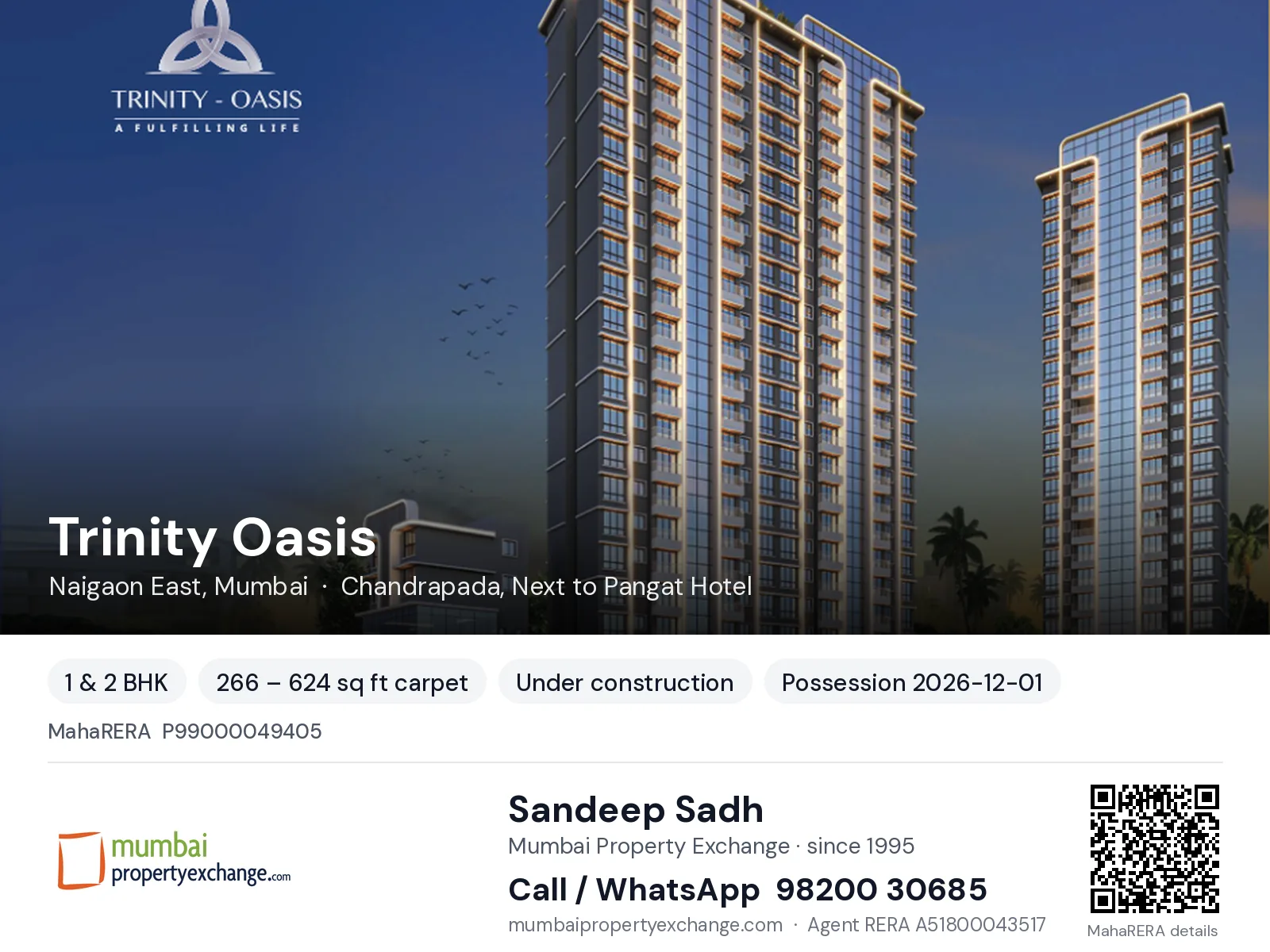 Trinity Oasis by Harsh Tirupati, Naigaon East, Mumbai — 1 & 2 BHK new project, possession 2026-12-01 | Mumbai Property Exchange, Sandeep Sadh 98200 30685