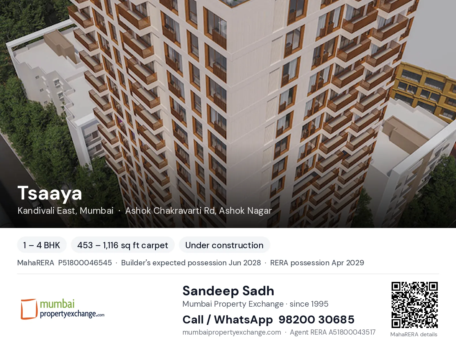 Tsaaya by Sambhavparshva, Kandivali East, Mumbai — 1 – 4 BHK new project, builder's expected possession Jun 2028, RERA possession Apr 2029 | Mumbai Property Exchange, Sandeep Sadh 98200 30685