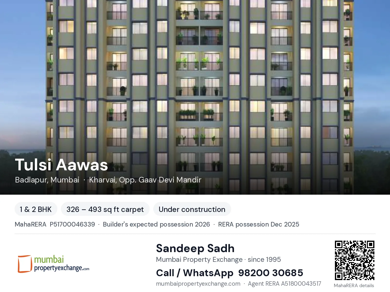 Tulsi Aawas by Raj, Badlapur, Mumbai — 1 & 2 BHK new project, builder's expected possession 2026, RERA possession Dec 2025 | Mumbai Property Exchange, Sandeep Sadh 98200 30685