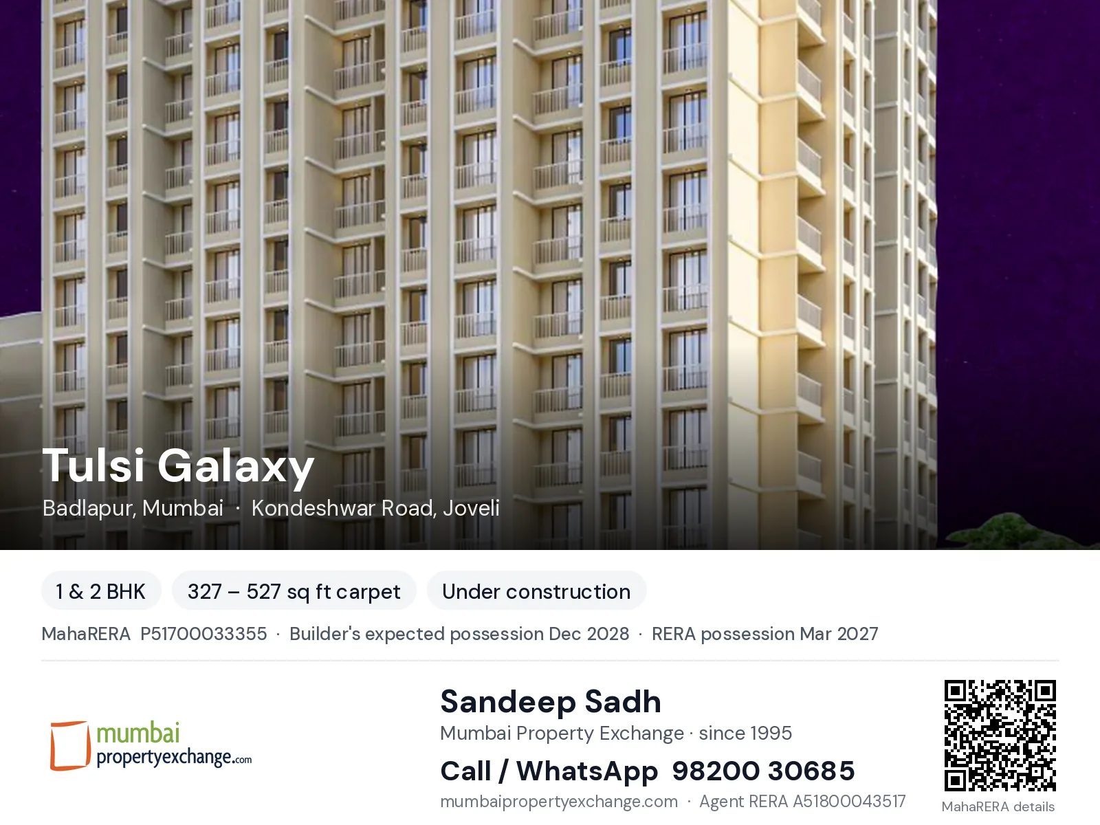 Tulsi Galaxy by Raj, Badlapur, Mumbai — 1 & 2 BHK new project, builder's expected possession Dec 2028, RERA possession Mar 2027 | Mumbai Property Exchange, Sandeep Sadh 98200 30685