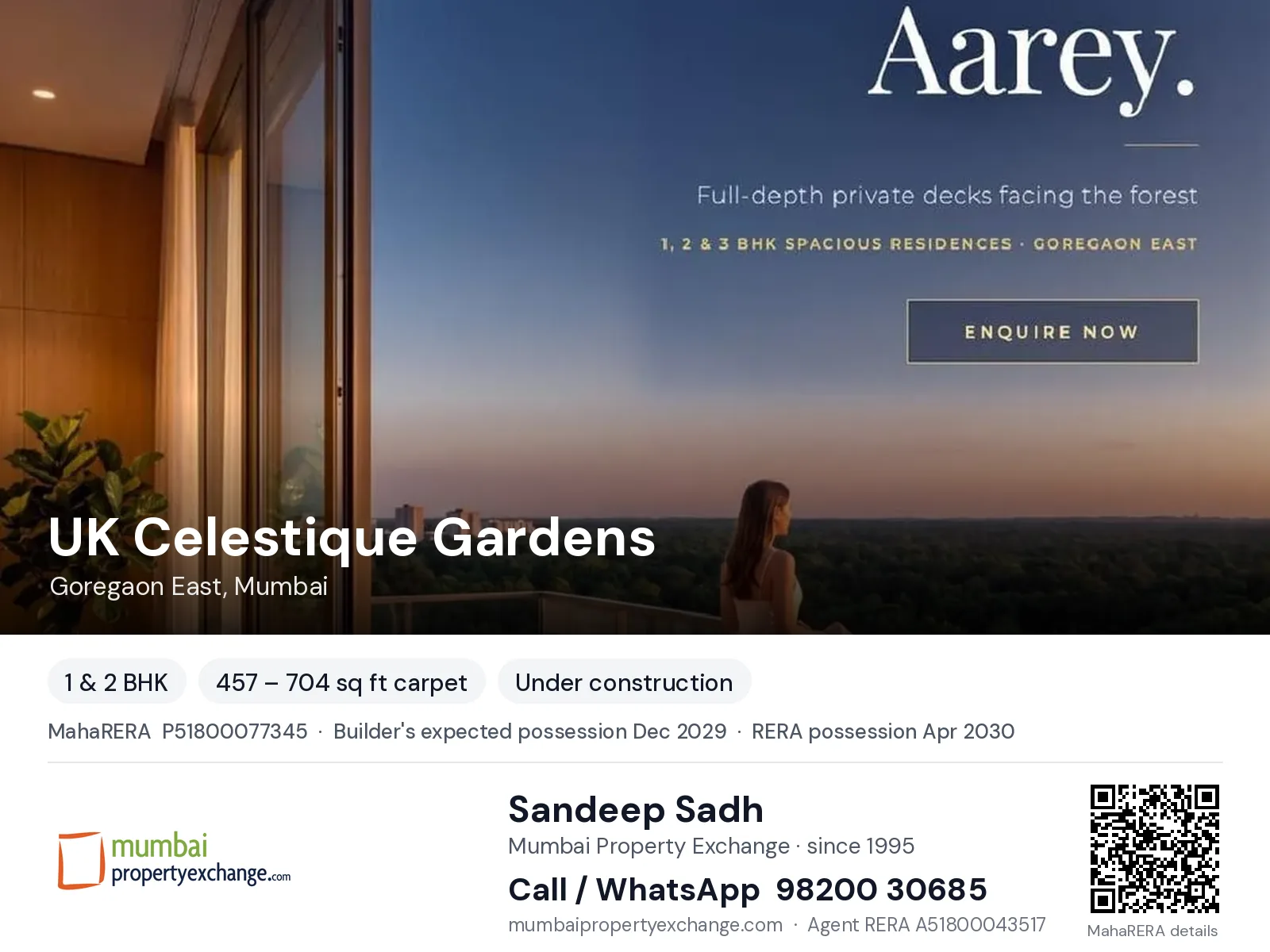 UK Celestique Gardens, Goregaon East, Mumbai — 1 & 2 BHK new project, builder's expected possession Dec 2029, RERA possession Apr 2030 | Mumbai Property Exchange, Sandeep Sadh 98200 30685
