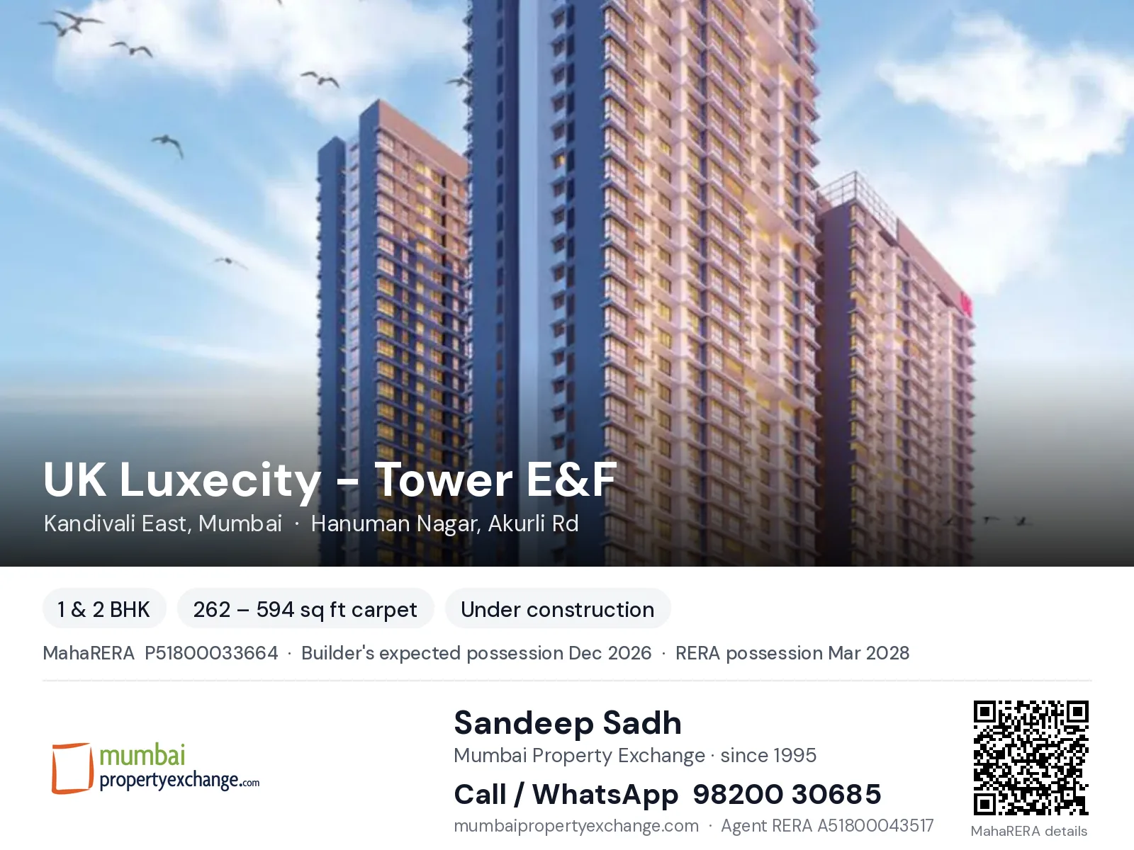 UK Luxecity - Tower E&F, Kandivali East, Mumbai — 1 & 2 BHK new project, builder's expected possession Dec 2026, RERA possession Mar 2028 | Mumbai Property Exchange, Sandeep Sadh 98200 30685