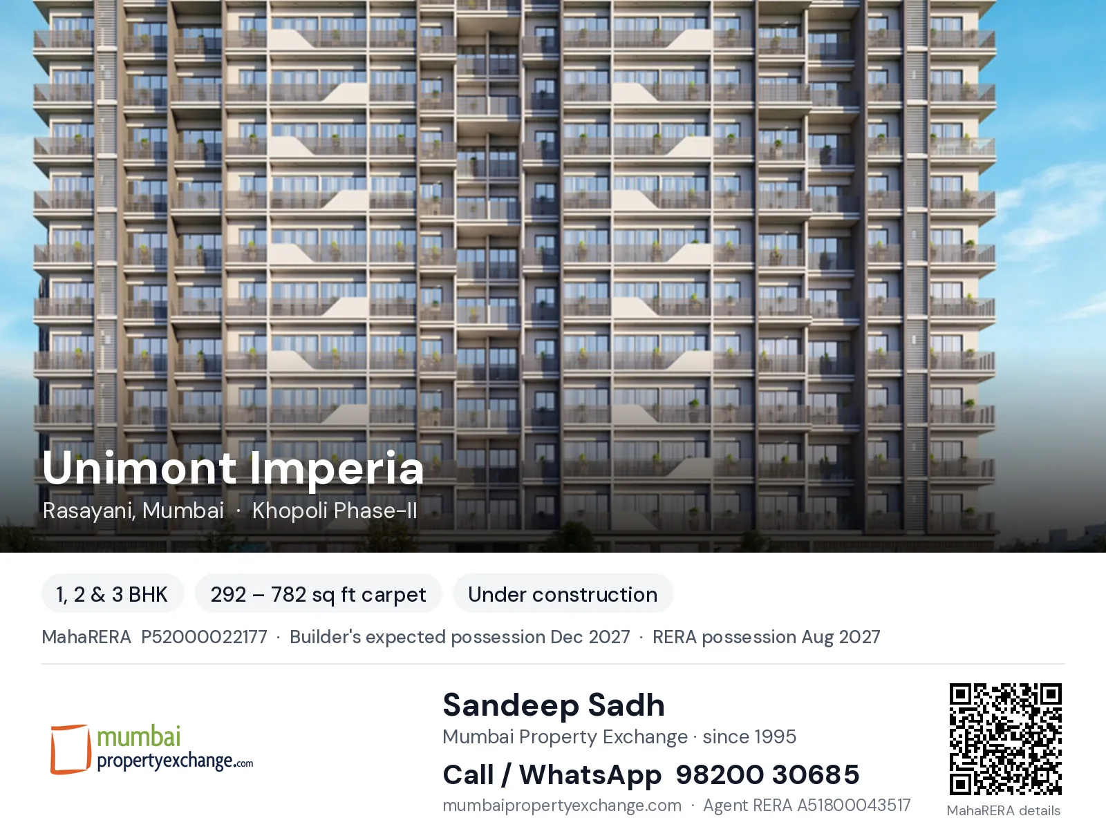 Unimont Imperia, Rasayani, Mumbai — 1, 2 & 3 BHK new project, builder's expected possession Dec 2027, RERA possession Aug 2027 | Mumbai Property Exchange, Sandeep Sadh 98200 30685