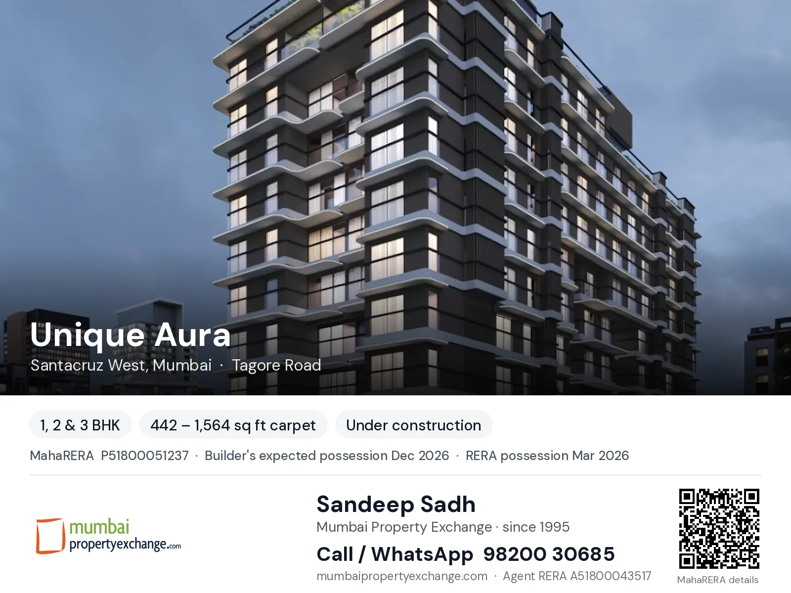Unique Aura, Santacruz West, Mumbai — 1, 2 & 3 BHK new project, builder's expected possession Dec 2026, RERA possession Mar 2026 | Mumbai Property Exchange, Sandeep Sadh 98200 30685