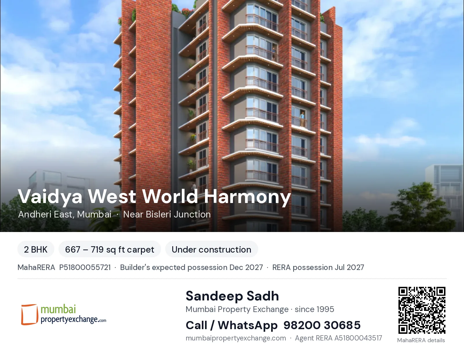 Vaidya West World Harmony, Andheri East, Mumbai — 2 BHK new project, builder's expected possession Dec 2027, RERA possession Jul 2027 | Mumbai Property Exchange, Sandeep Sadh 98200 30685