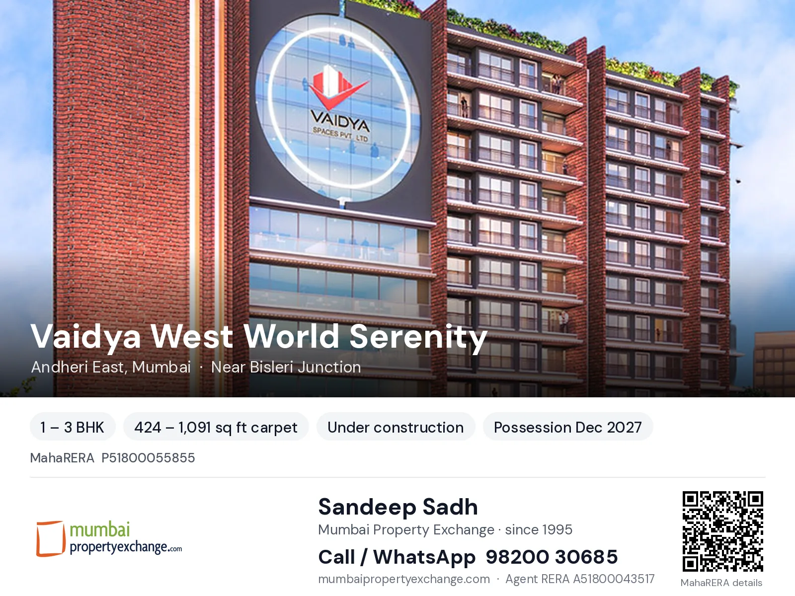Vaidya West World Serenity, Andheri East, Mumbai — 1 – 3 BHK new project, possession Dec 2027 | Mumbai Property Exchange, Sandeep Sadh 98200 30685