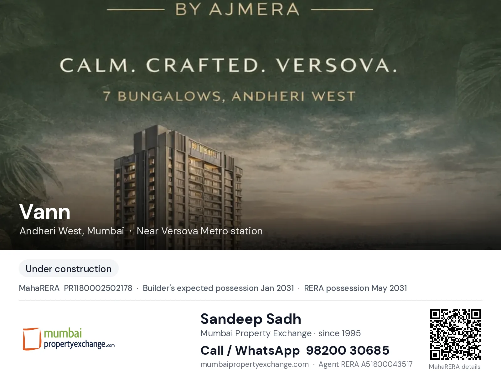 Vann by Ajmera, Andheri West, Mumbai — new project, builder's expected possession Jan 2031, RERA possession May 2031 | Mumbai Property Exchange, Sandeep Sadh 98200 30685