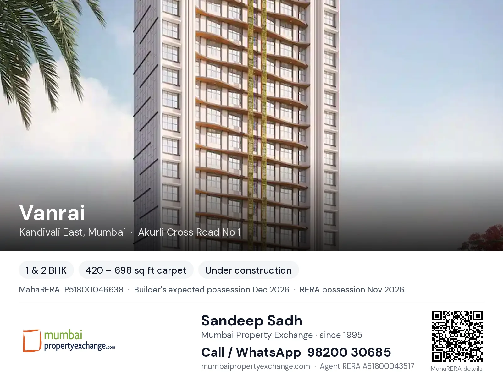 Vanrai by Kaustubh, Kandivali East, Mumbai — 1 & 2 BHK new project, builder's expected possession Dec 2026, RERA possession Nov 2026 | Mumbai Property Exchange, Sandeep Sadh 98200 30685