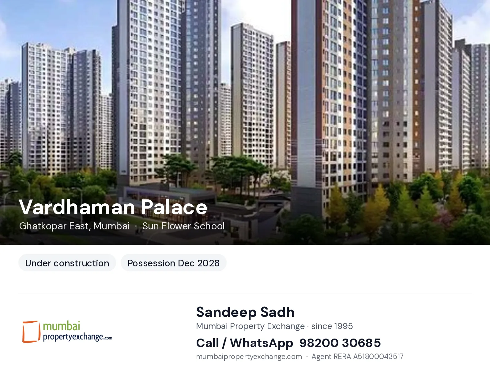 Vardhaman Palace, Ghatkopar East, Mumbai — new project, possession Dec 2028 | Mumbai Property Exchange, Sandeep Sadh 98200 30685