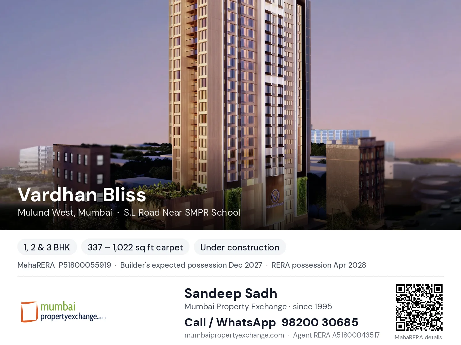Vardhan Bliss, Mulund West, Mumbai — 1, 2 & 3 BHK new project, builder's expected possession Dec 2027, RERA possession Apr 2028 | Mumbai Property Exchange, Sandeep Sadh 98200 30685