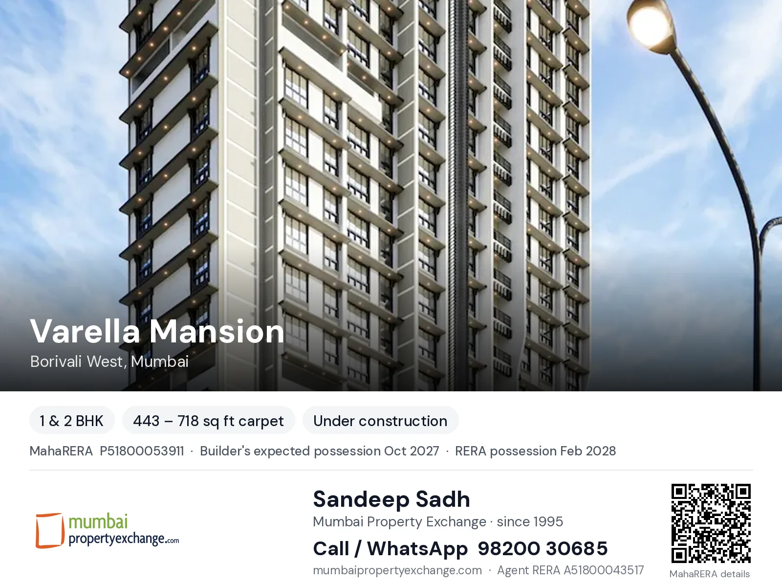 Varella Mansion by Dipti Home Makers, Borivali West, Mumbai — 1 & 2 BHK new project, builder's expected possession Oct 2027, RERA possession Feb 2028 | Mumbai Property Exchange, Sandeep Sadh 98200 30685