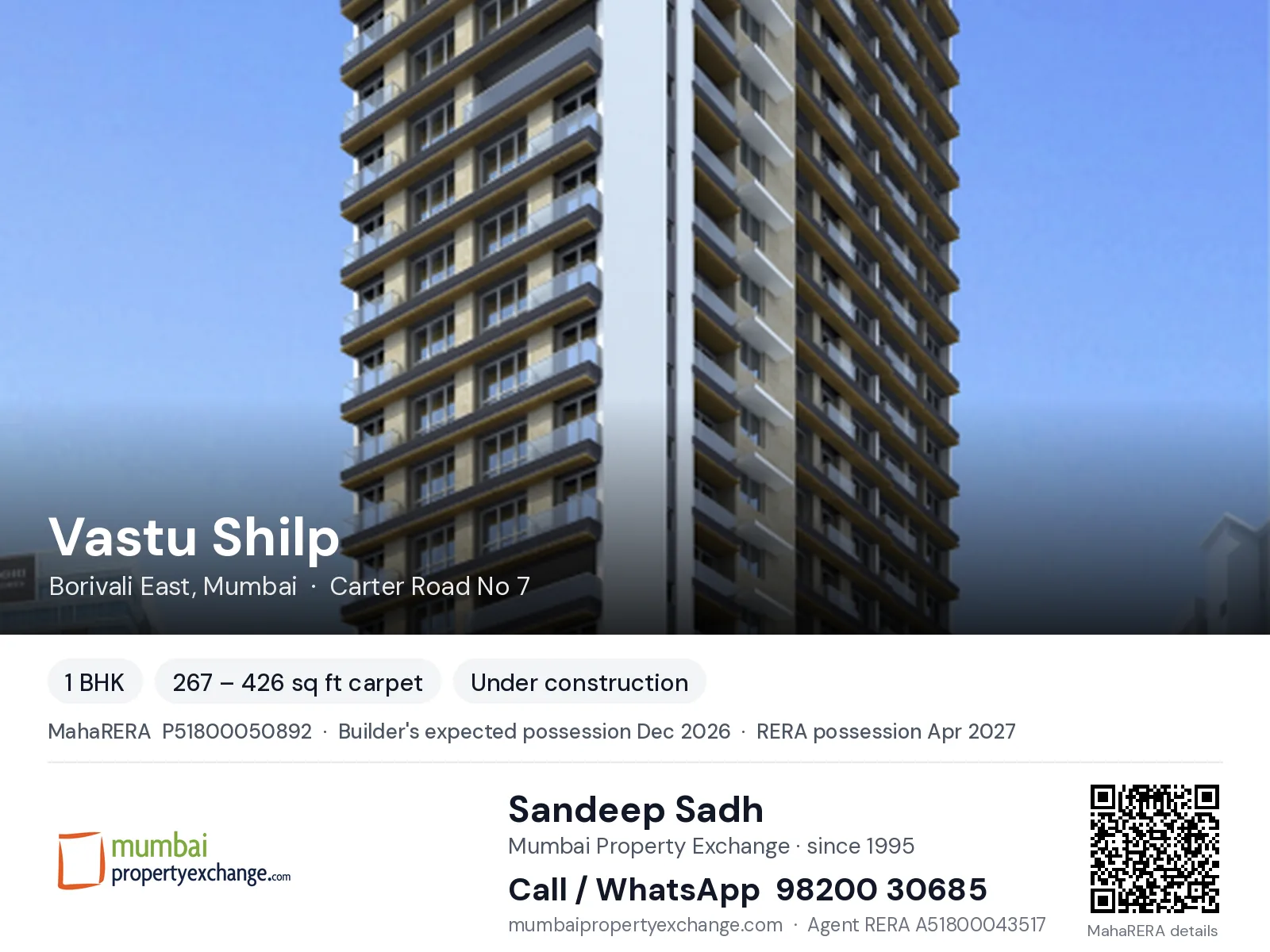 Vastu Shilp by UVK, Borivali East, Mumbai — 1 BHK new project, builder's expected possession Dec 2026, RERA possession Apr 2027 | Mumbai Property Exchange, Sandeep Sadh 98200 30685