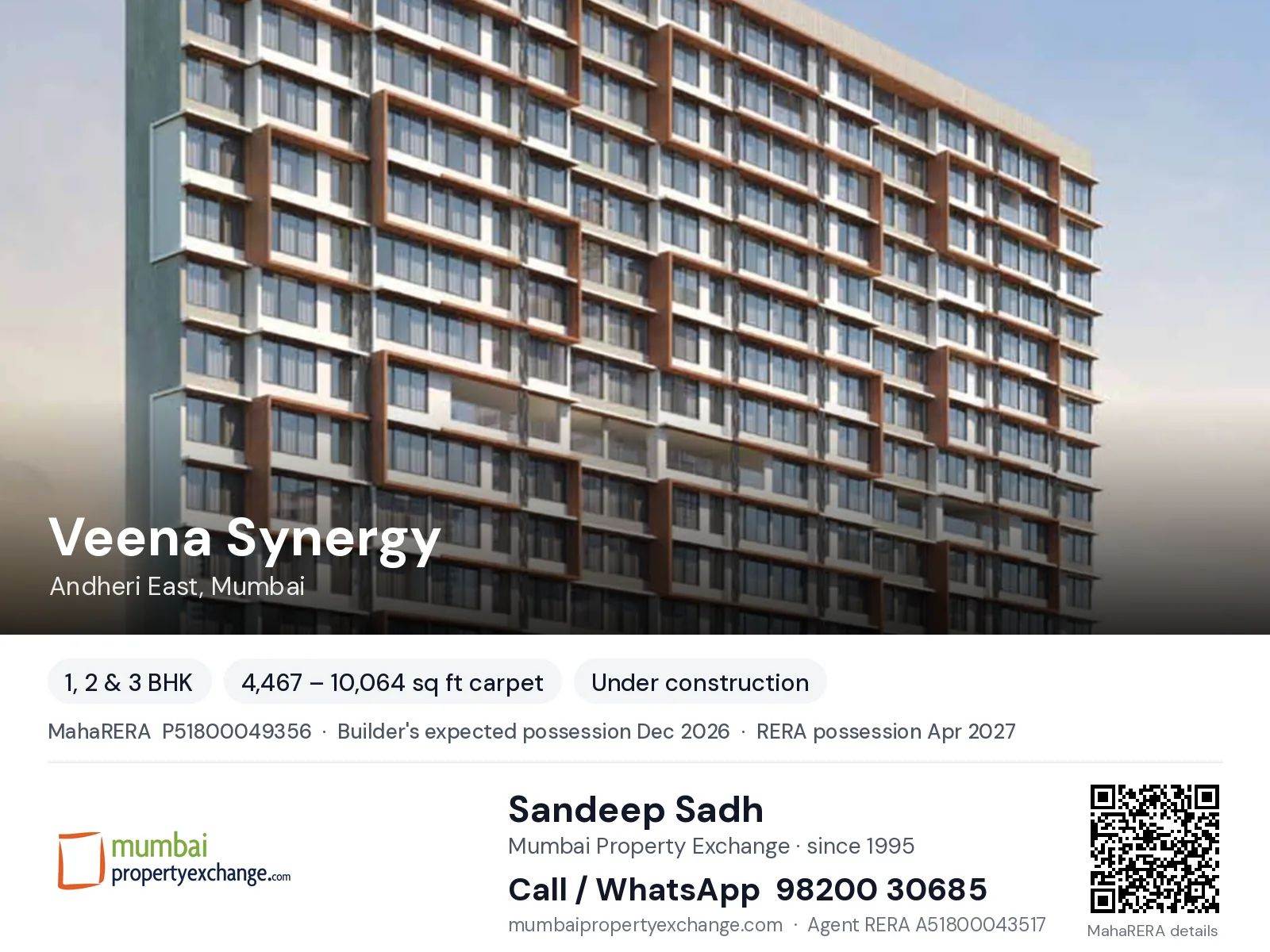 Veena Synergy, Andheri East, Mumbai — 1, 2 & 3 BHK new project, builder's expected possession Dec 2026, RERA possession Apr 2027 | Mumbai Property Exchange, Sandeep Sadh 98200 30685